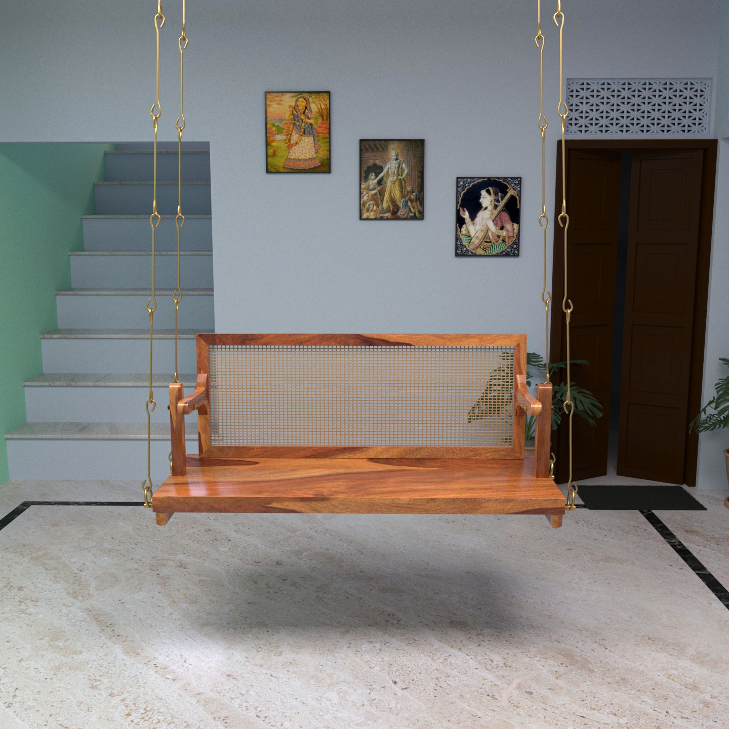 Adorable Thin Cane Reversible Handmade Wooden Swing for Home Swing