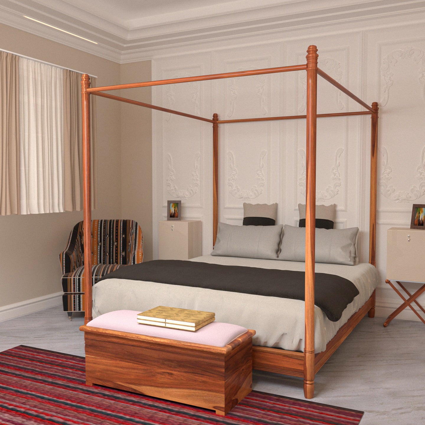 Antique Iconic Long Pillar Roof Wooden Vintage Bed Bed