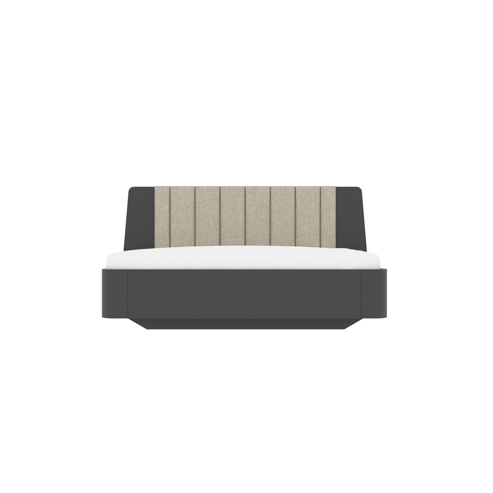 Upholstered Platform Bed with Vertical Panel Headboard & Side Shelf Design