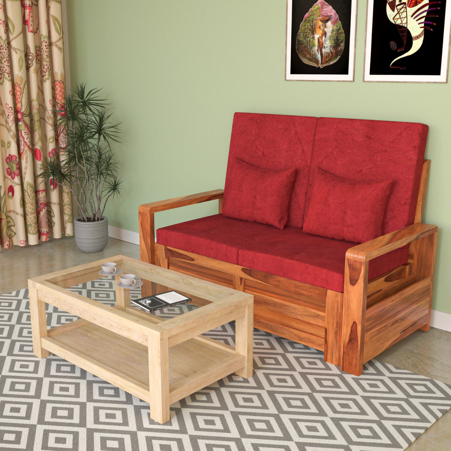 Retro Reddish Vintage Sheesham Wooden Seater Sofa with Storage