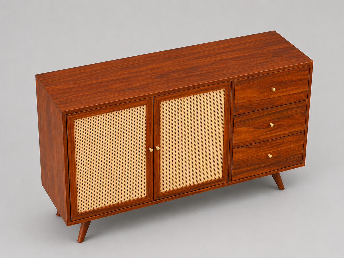Elegant Cane Sideboard with Two Doors and Three Drawers sideboard