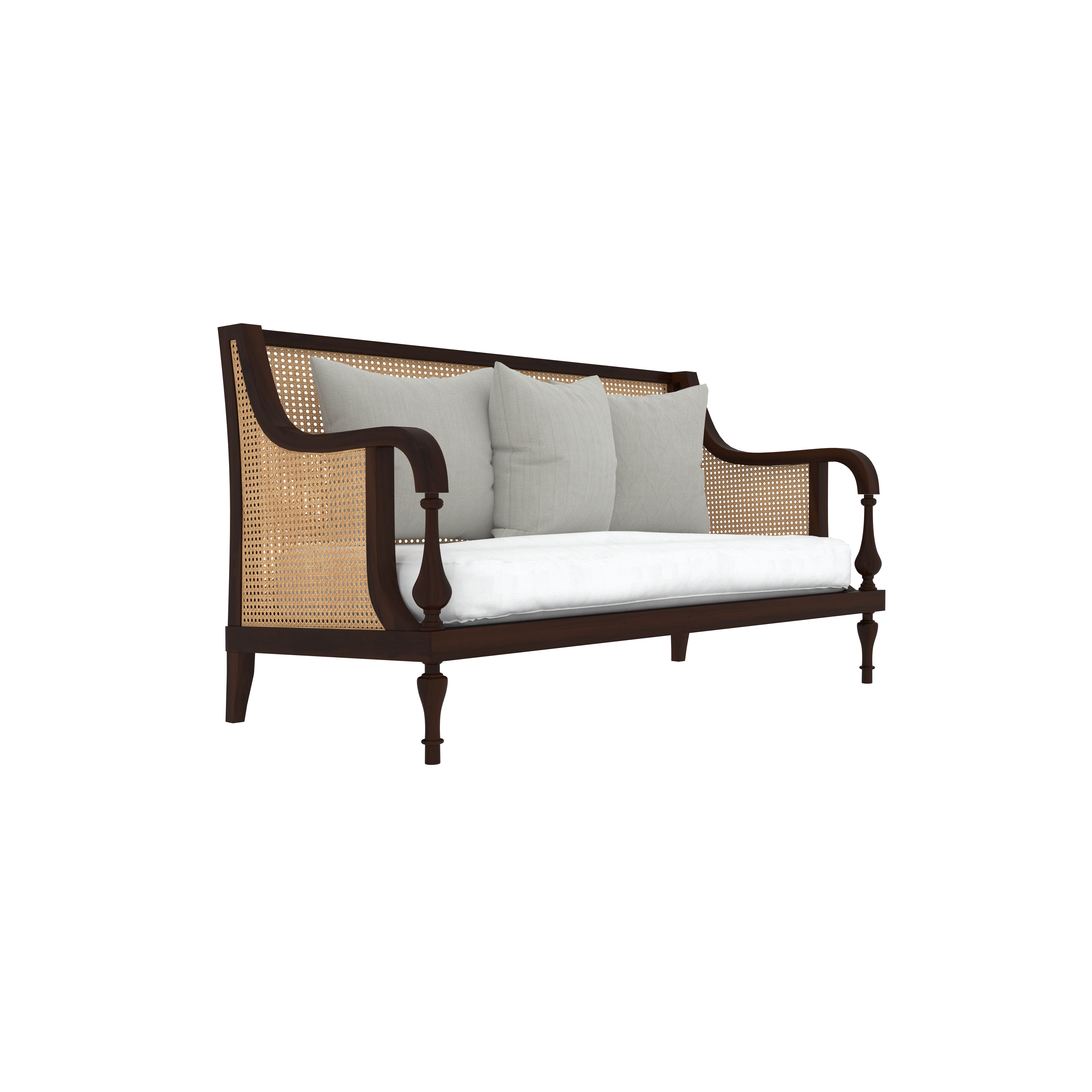 Elegant Wooden Cane-Back Sofa with Cushions – Classic Rattan Style Sofa