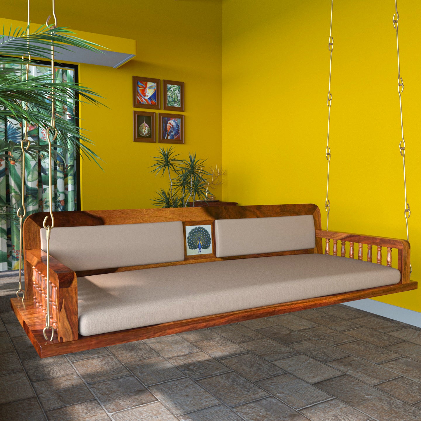 Charming Cream Upholstery Seating Wooden Handmade Swing for Home Swing