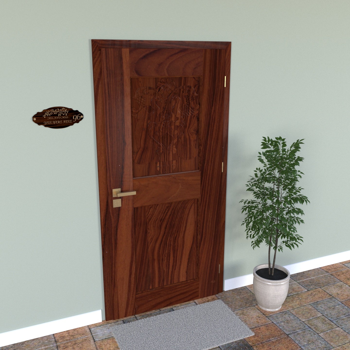 Solid Teak Carved Bird Designed 3 by 6 Door with Choukat Door