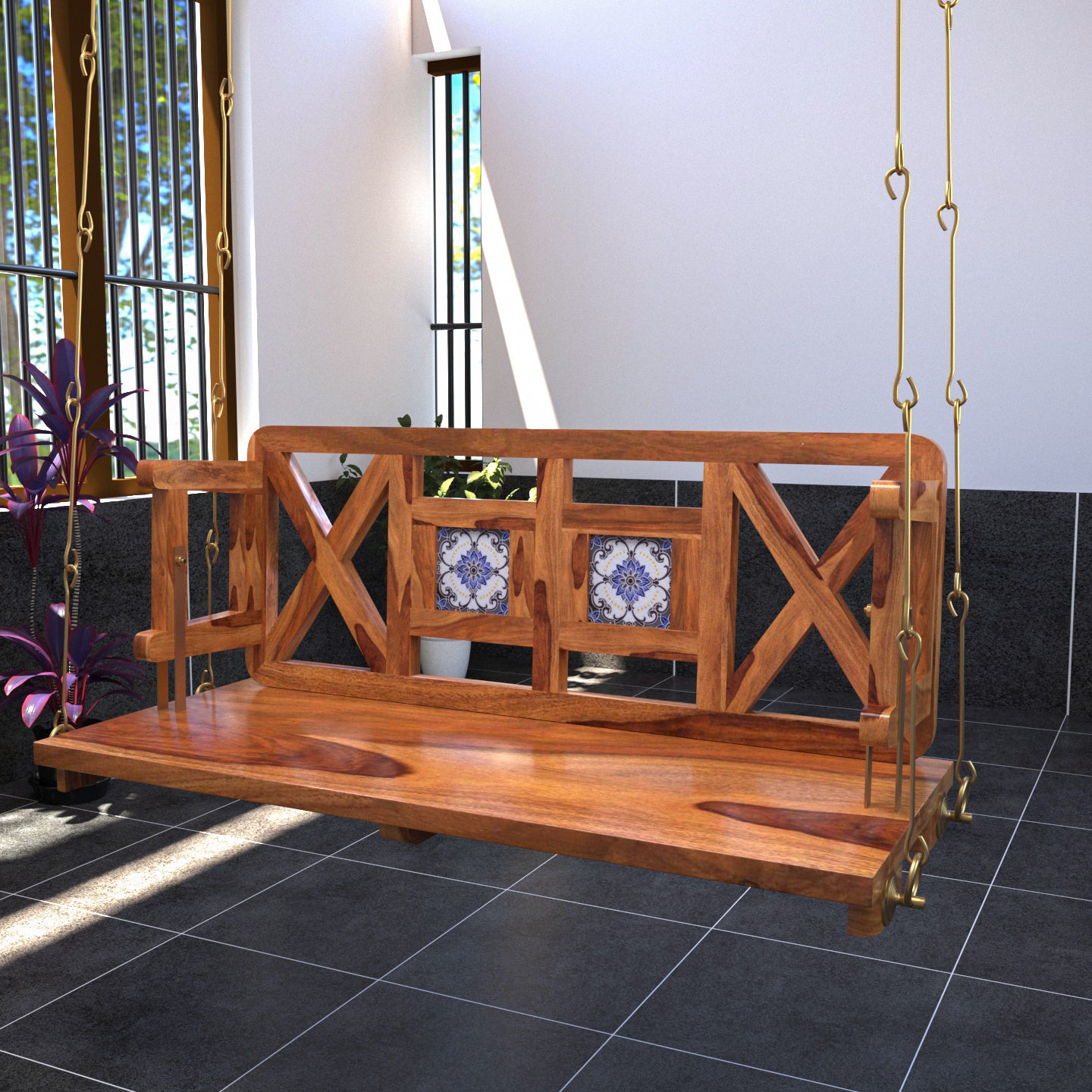 Modern Castle Style Tile Fitted Wooden Handmade Swing for Home Swing