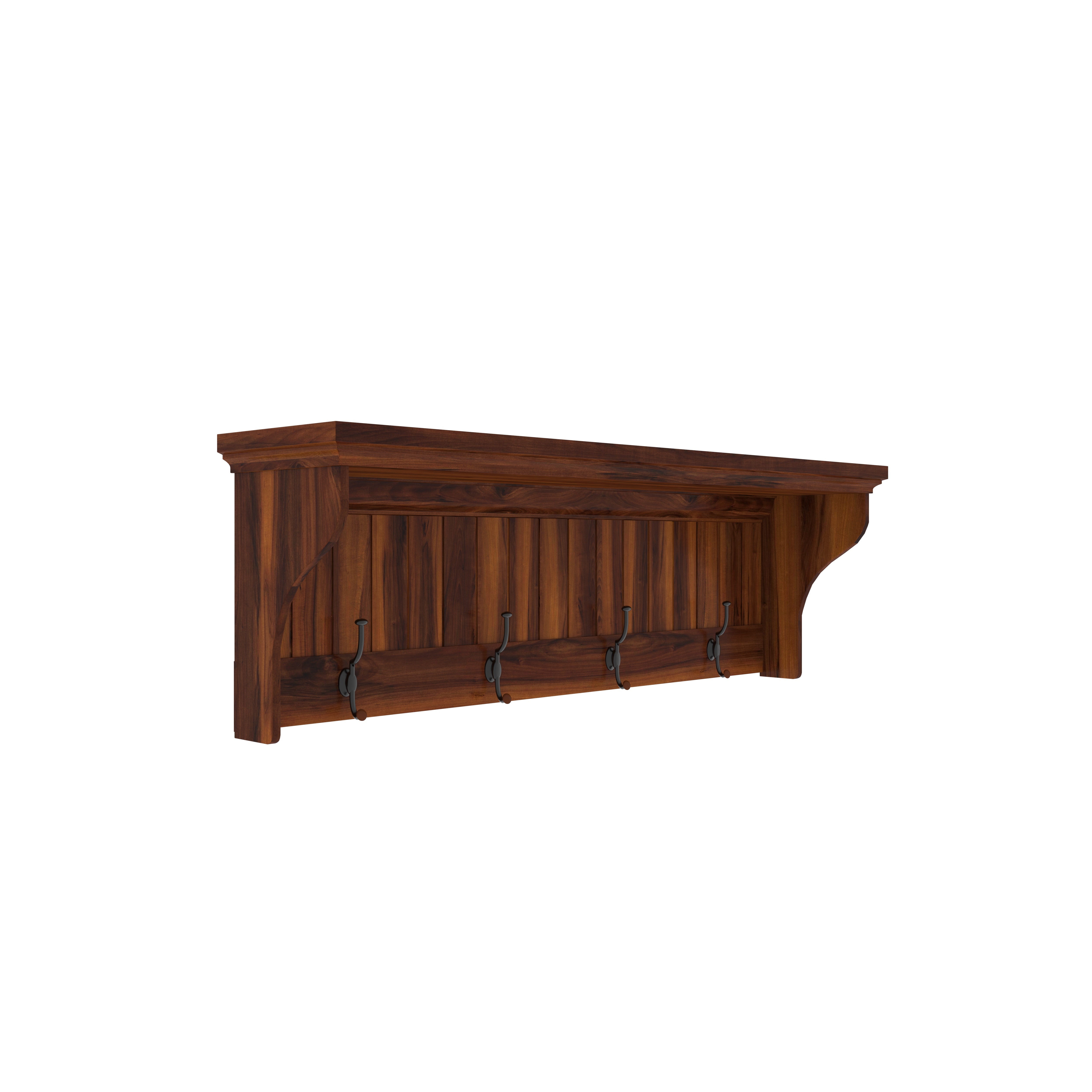 Vintage Teak Wood Wall Shelf with Iron Hooks Wall Rack