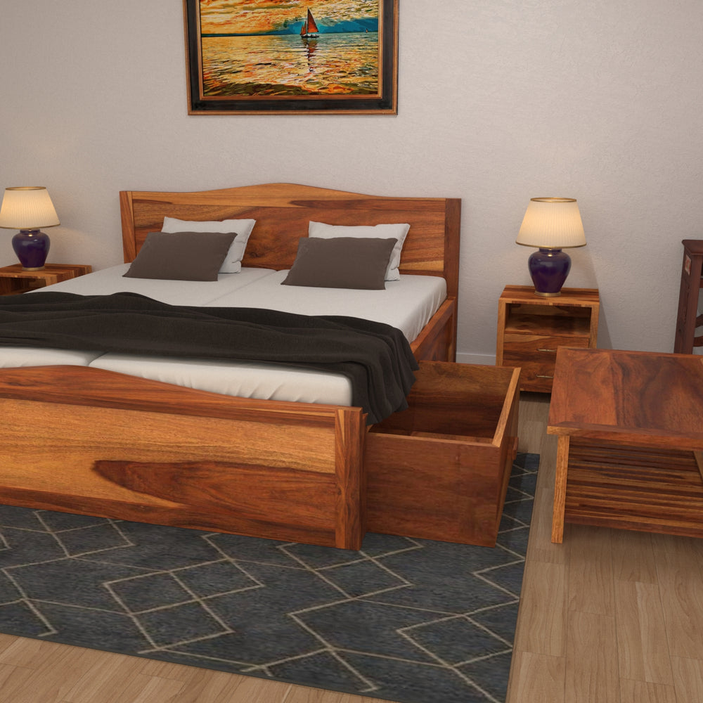 Elegant Handmade Sheesham Wooden Bed with Double Storage