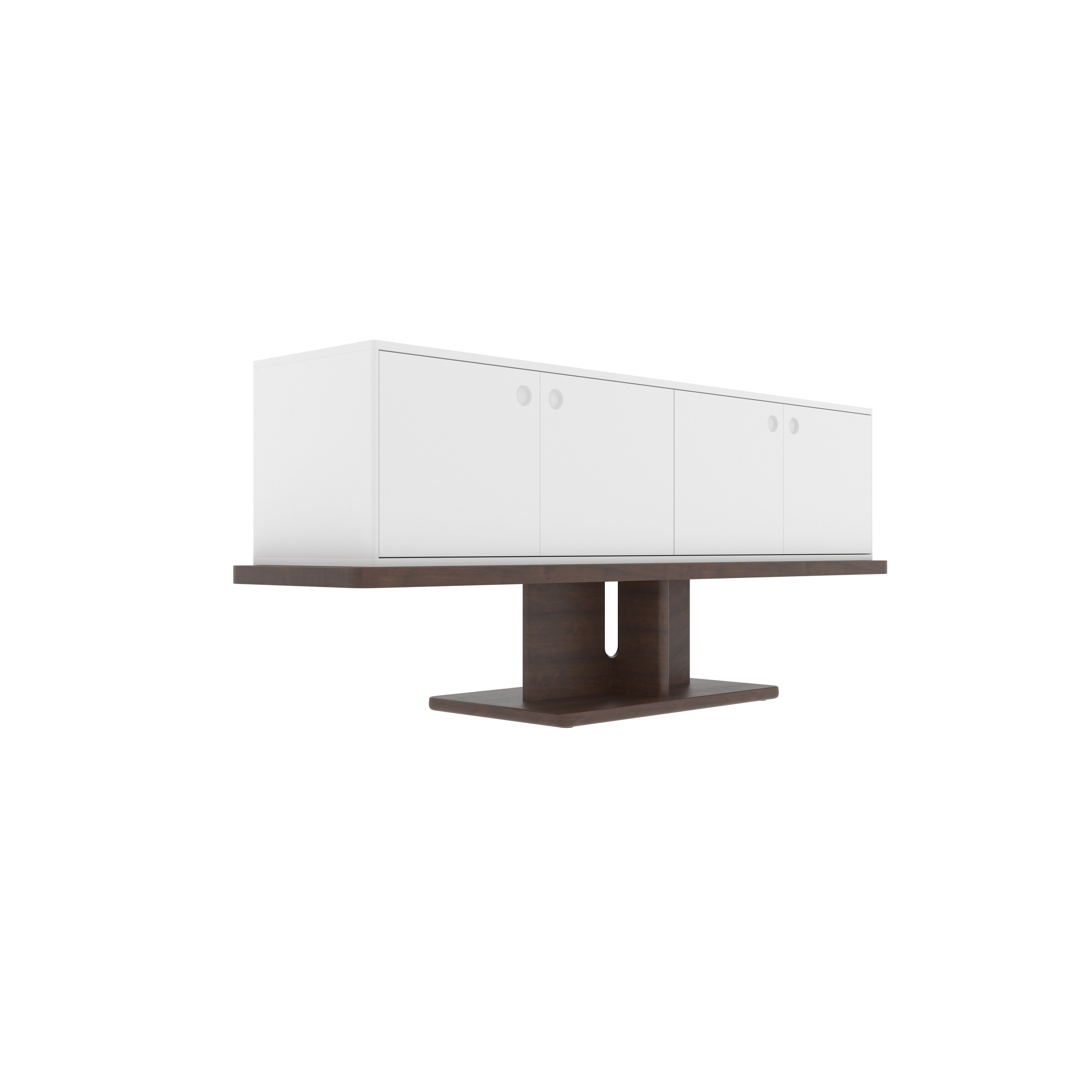 Floating White TV Stand with Walnut Pedestal - Modern Suspended Entertainment Console Tv stand