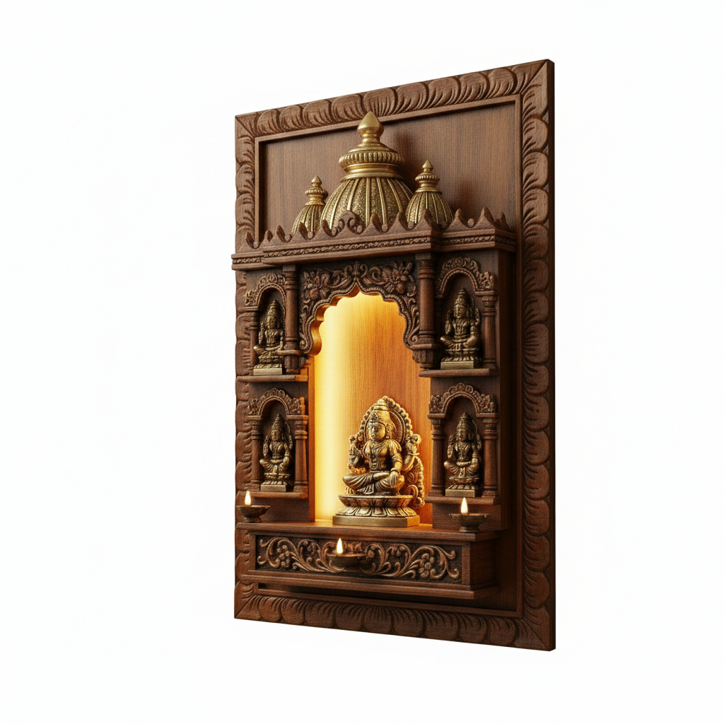 Wall-Mounted Temple with LED Lighting - Handcrafted Wooden Mandir (Murti is not included) Temple