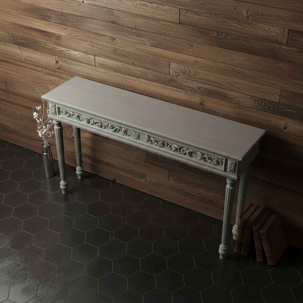Ornate Gray Console Table - Hand-Carved French Provincial Design Console Table