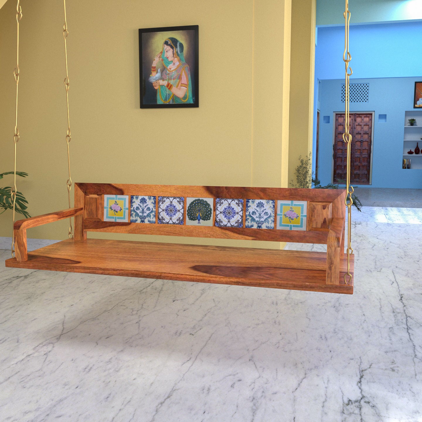 Melodious Multiple Tile Fitted Handmade Wooden Swing for Home Swing