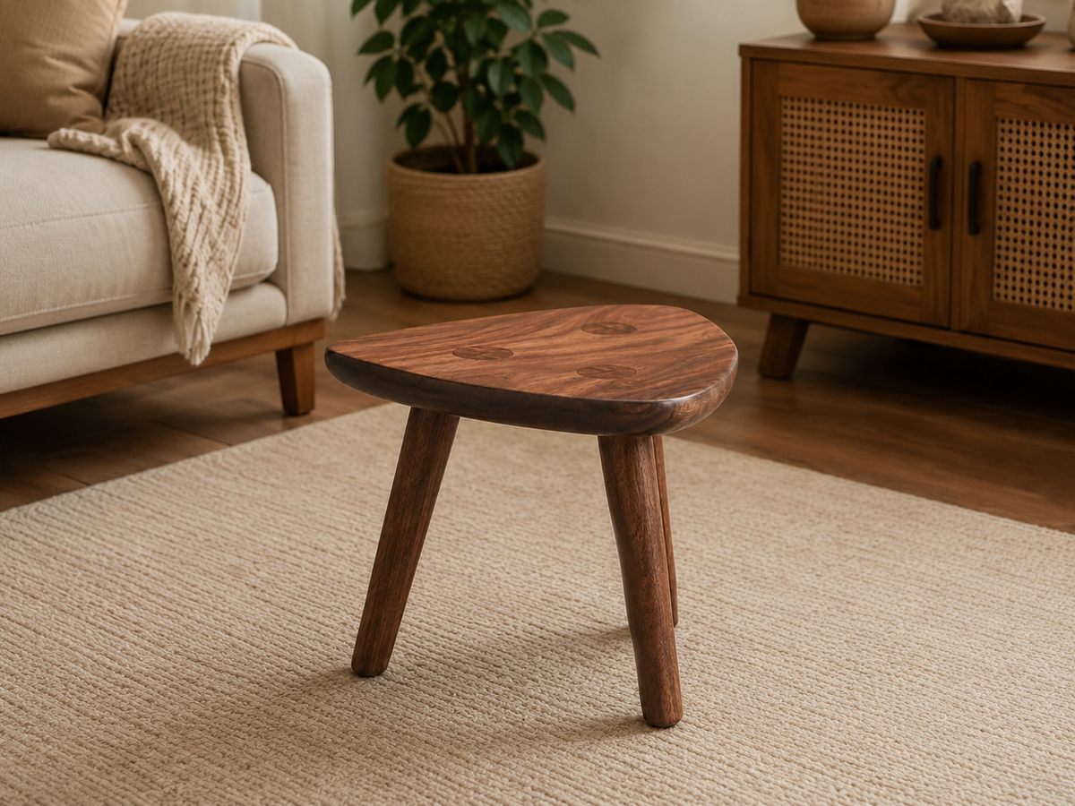 Rustic Round Wooden Stool with Curved Legs and Handcrafted Top Stool