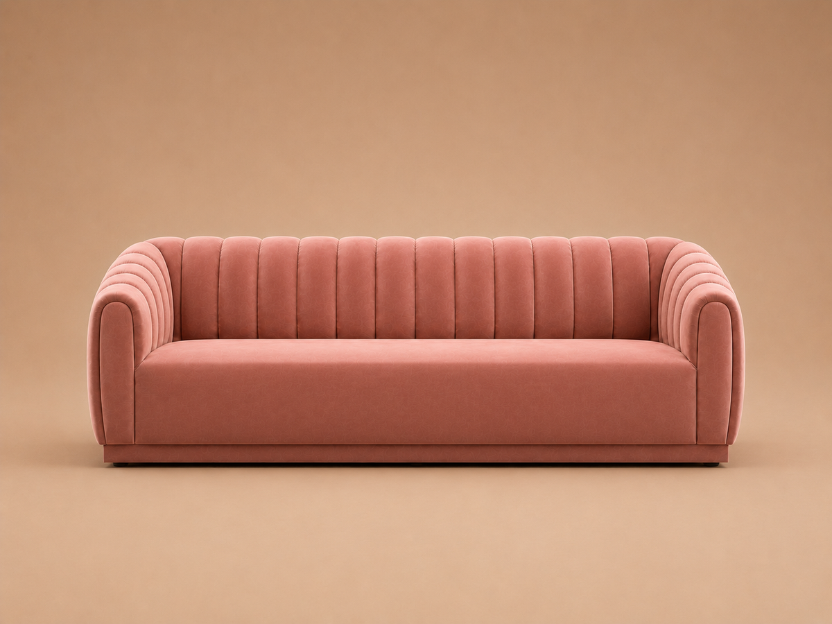 Modern Pink Channel-Tufted 3-Seater Sofa with Curved Arms Sofa