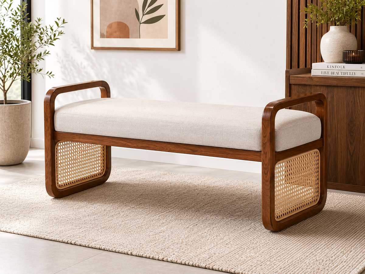 Contemporary Cane Bench with Upholstered Seat and Curved Armrests Bench