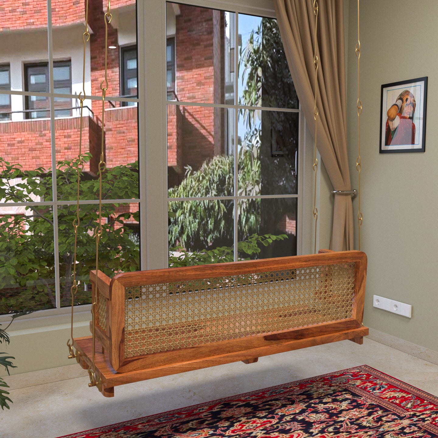 Classic Reversible Cane Back Wooden Handmade Swing for Home Swing