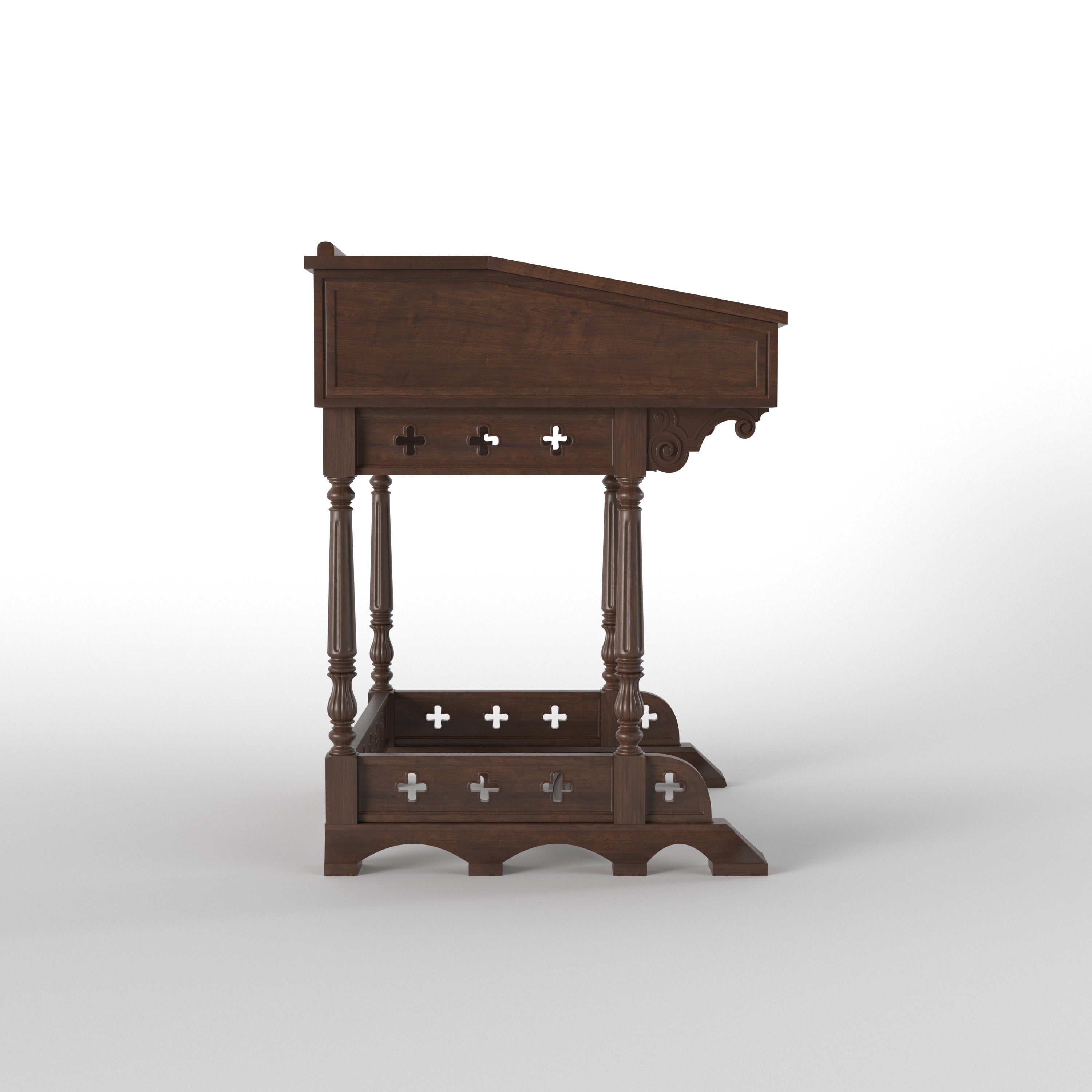 Handcrafted Gothic Altar Table with Cross Cutout Aprons, Turned Legs & Curved Stretcher Study Table