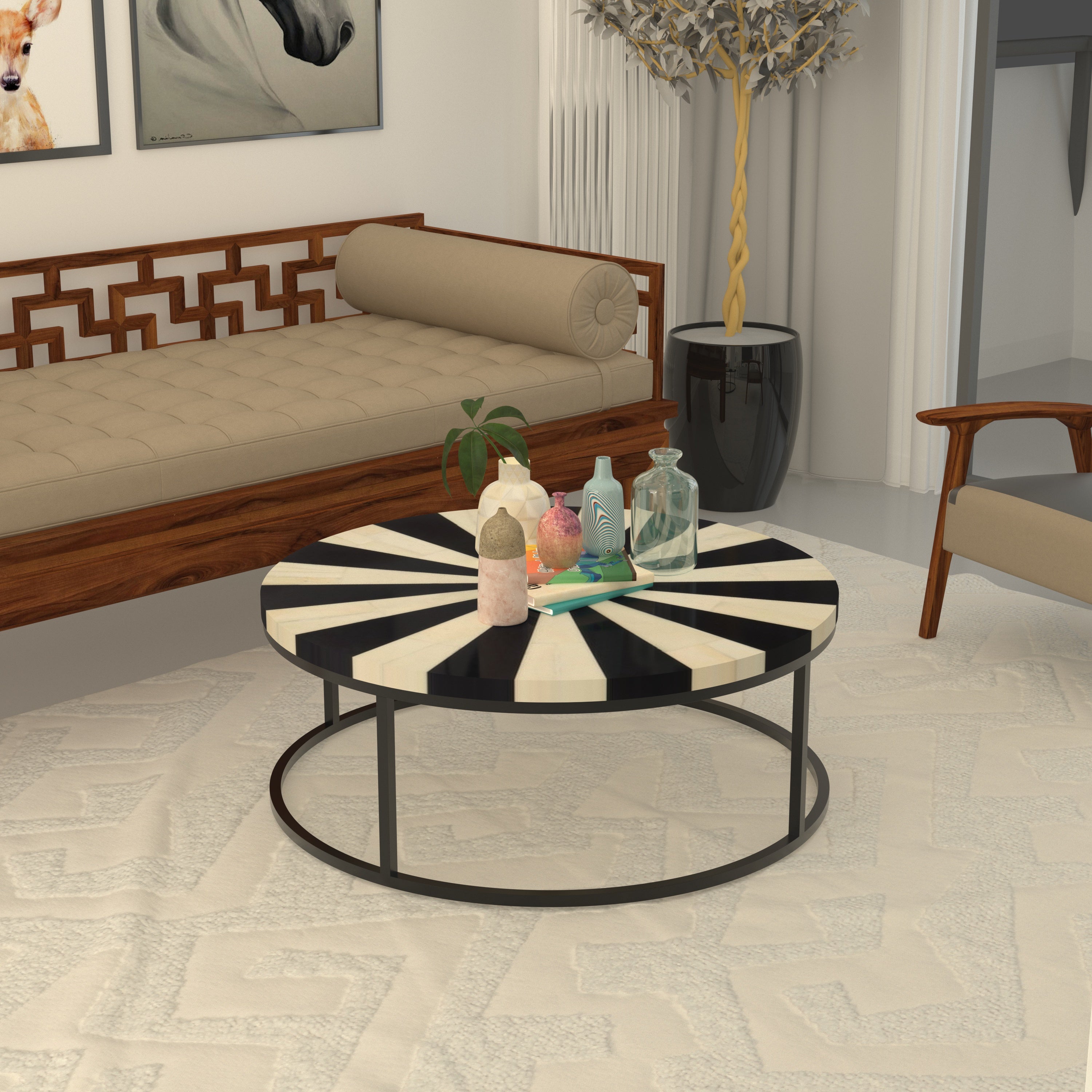 Starburst Pattern Coffee Table - Hand-Painted Indian Design Coffee Table