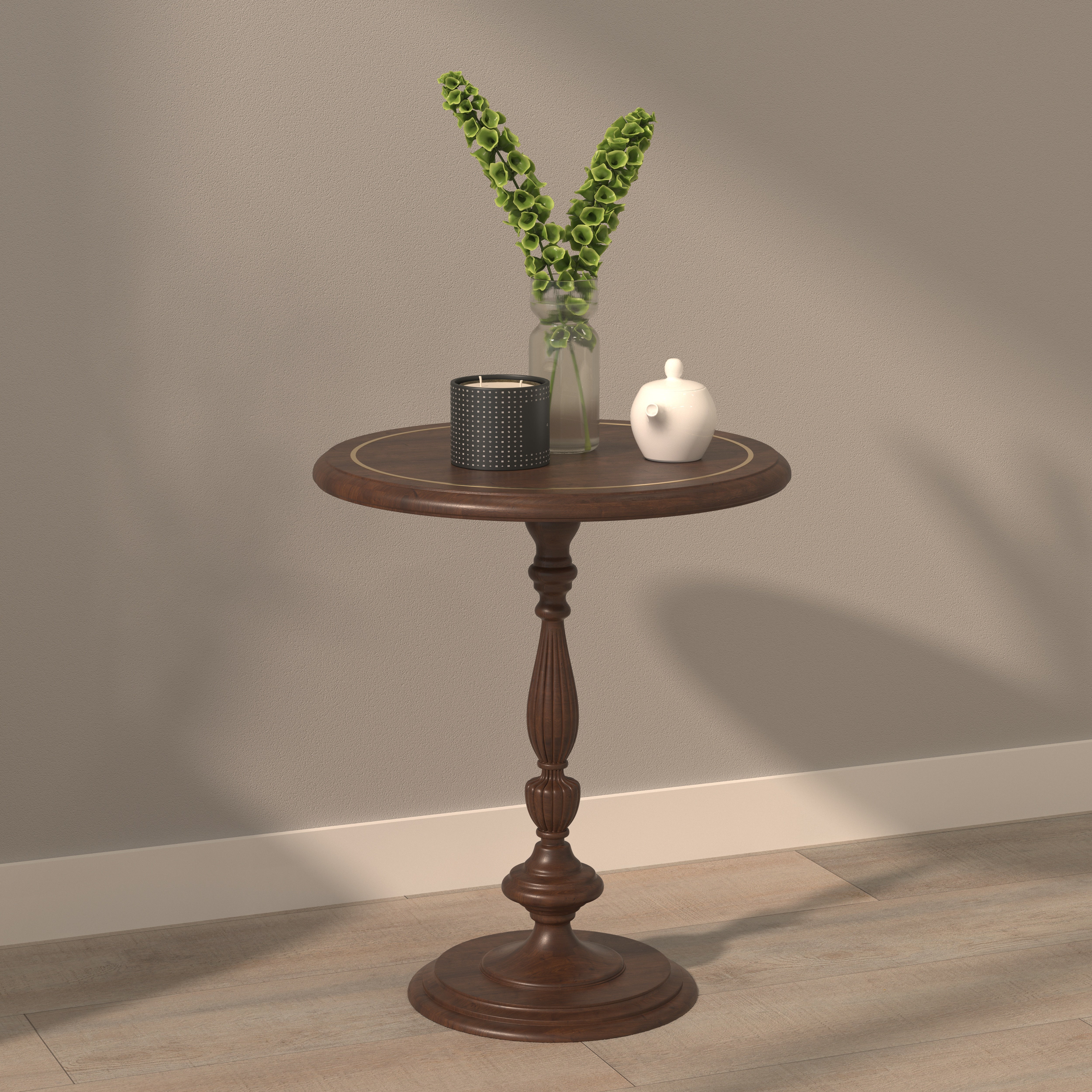 Round Pedestal Side Table with Ornate Turned Base End Table