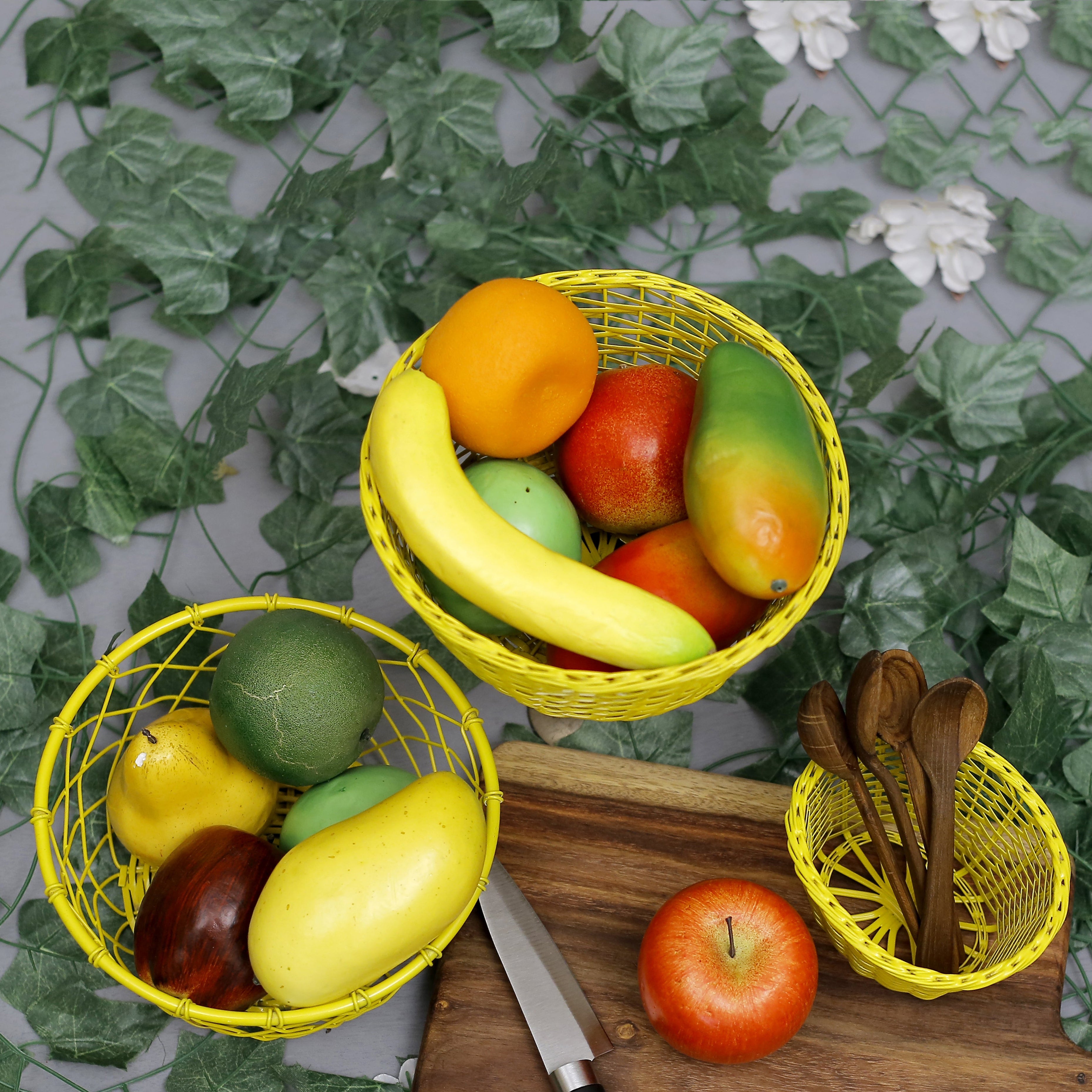 (Set of 3) Yellow Coloured Fruit Crate Metallic Tray Set Tray