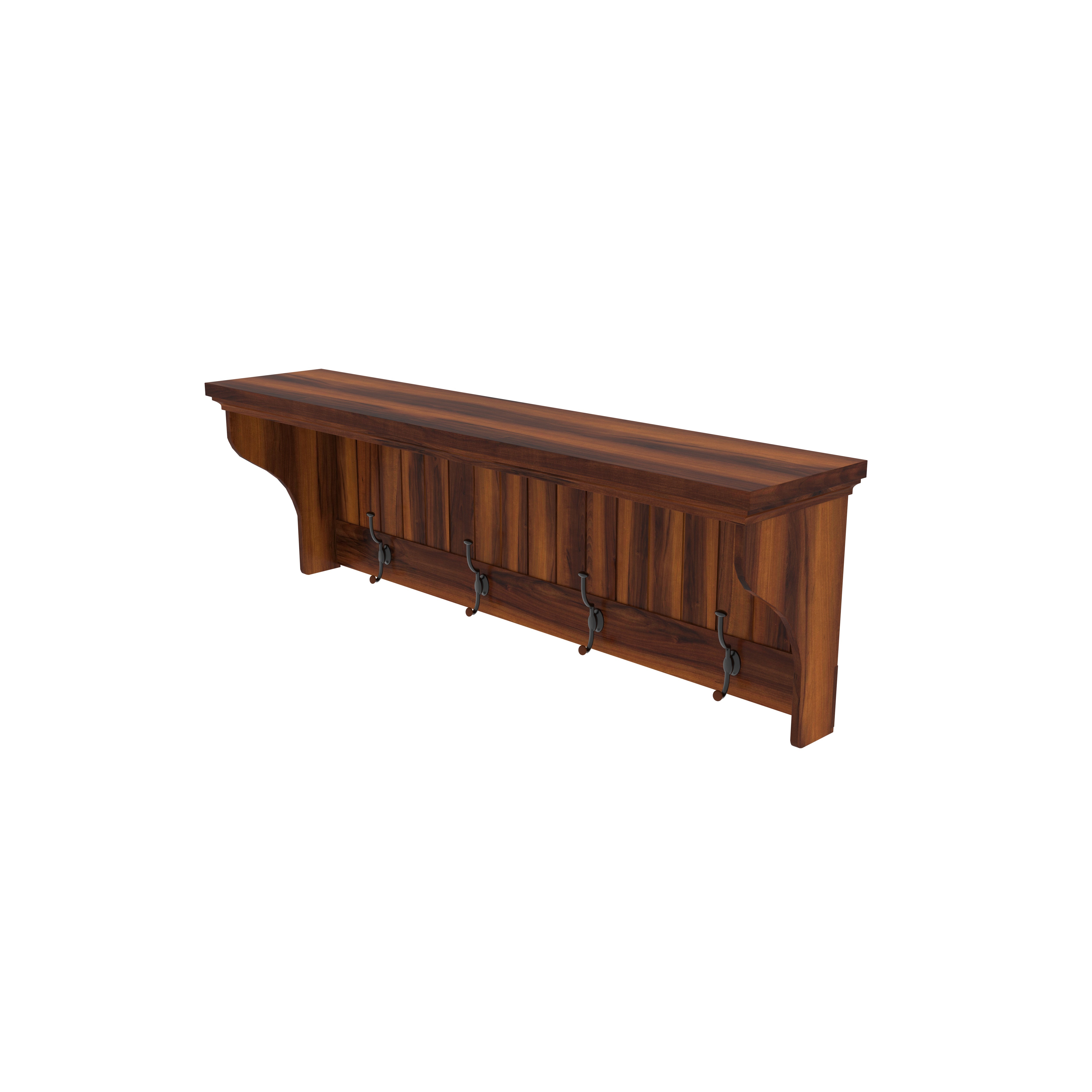 Vintage Teak Wood Wall Shelf with Iron Hooks Wall Rack