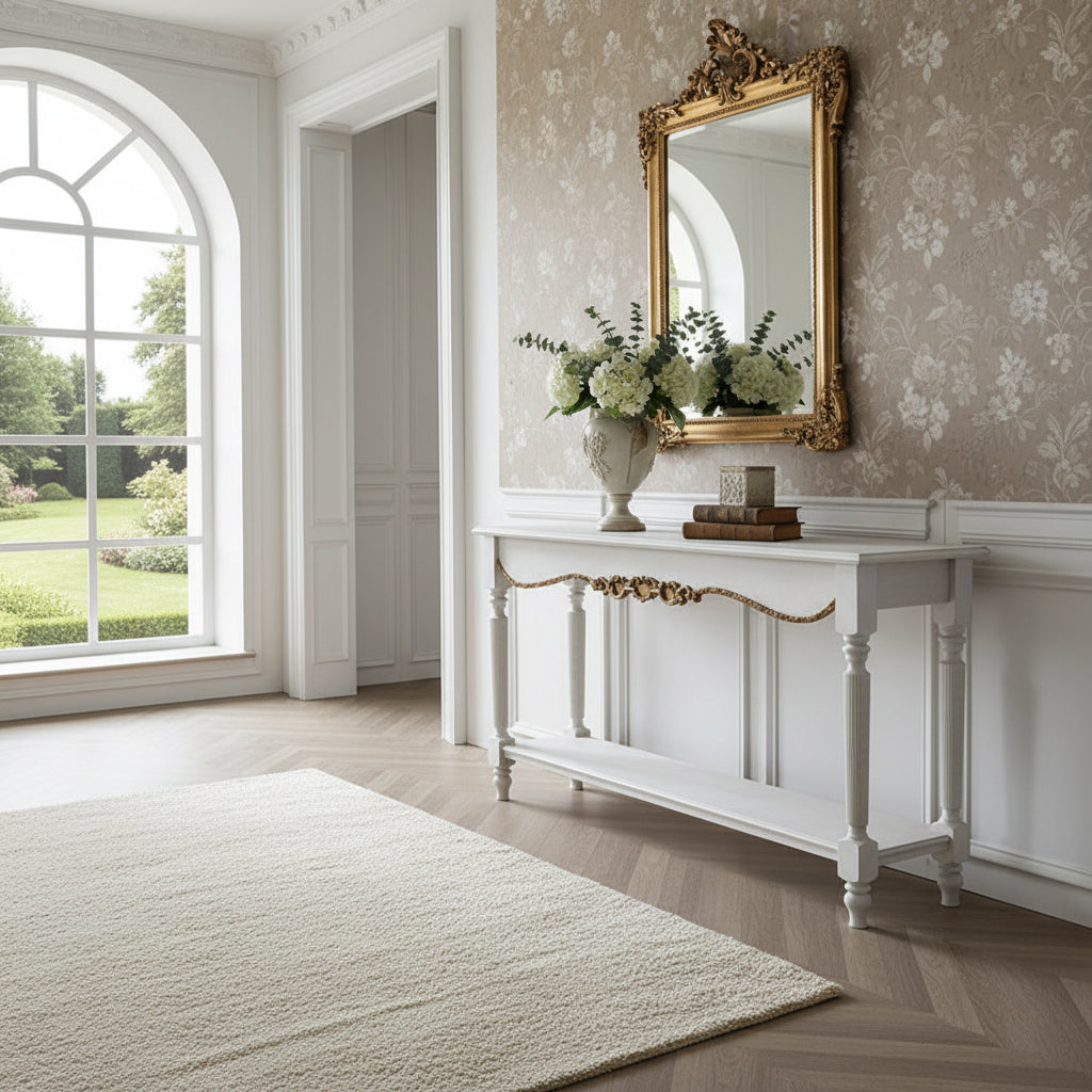 Elegant French Provincial Console Table - Antique White with Gold Accents Console Table