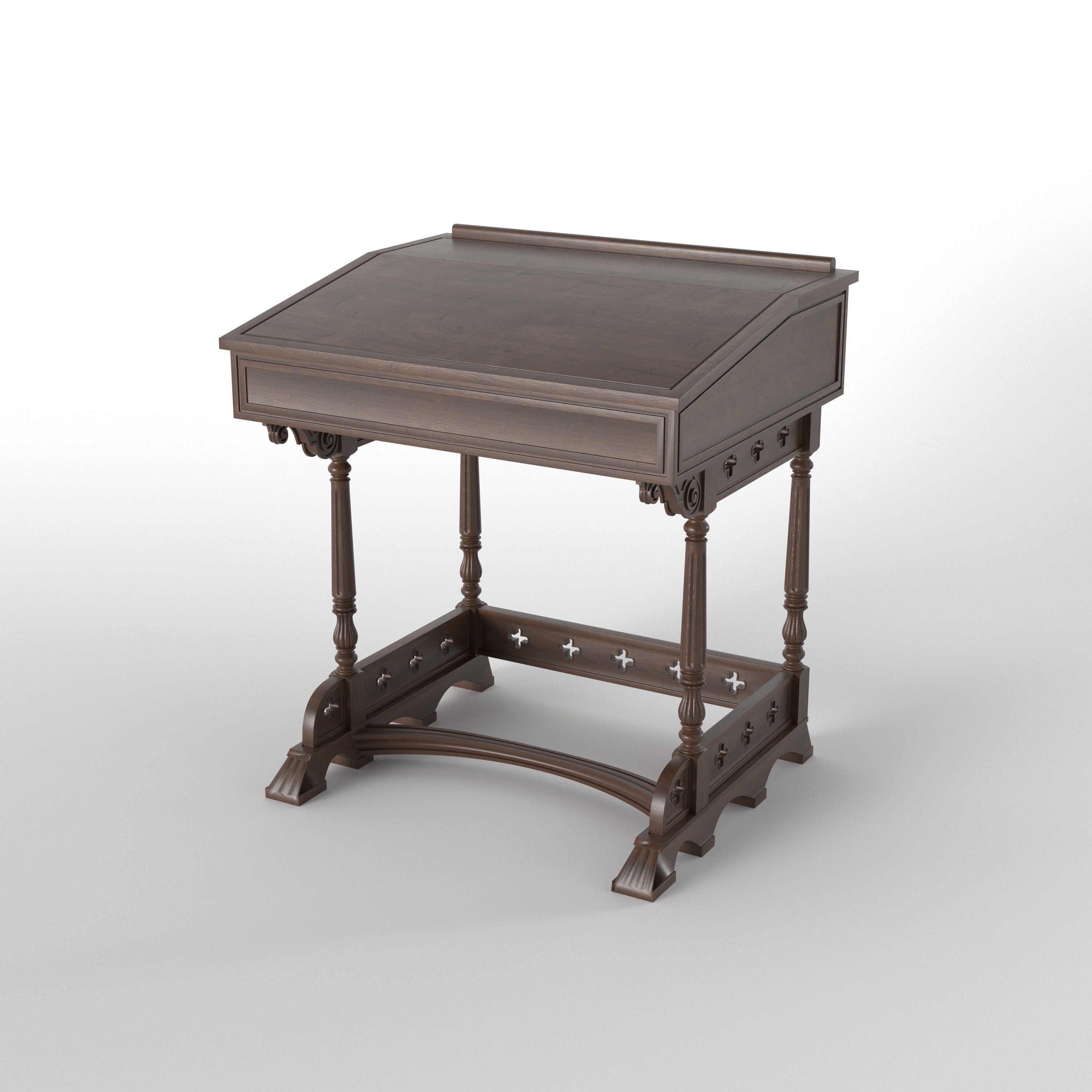 Handcrafted Gothic Altar Table with Cross Cutout Aprons, Turned Legs & Curved Stretcher Study Table
