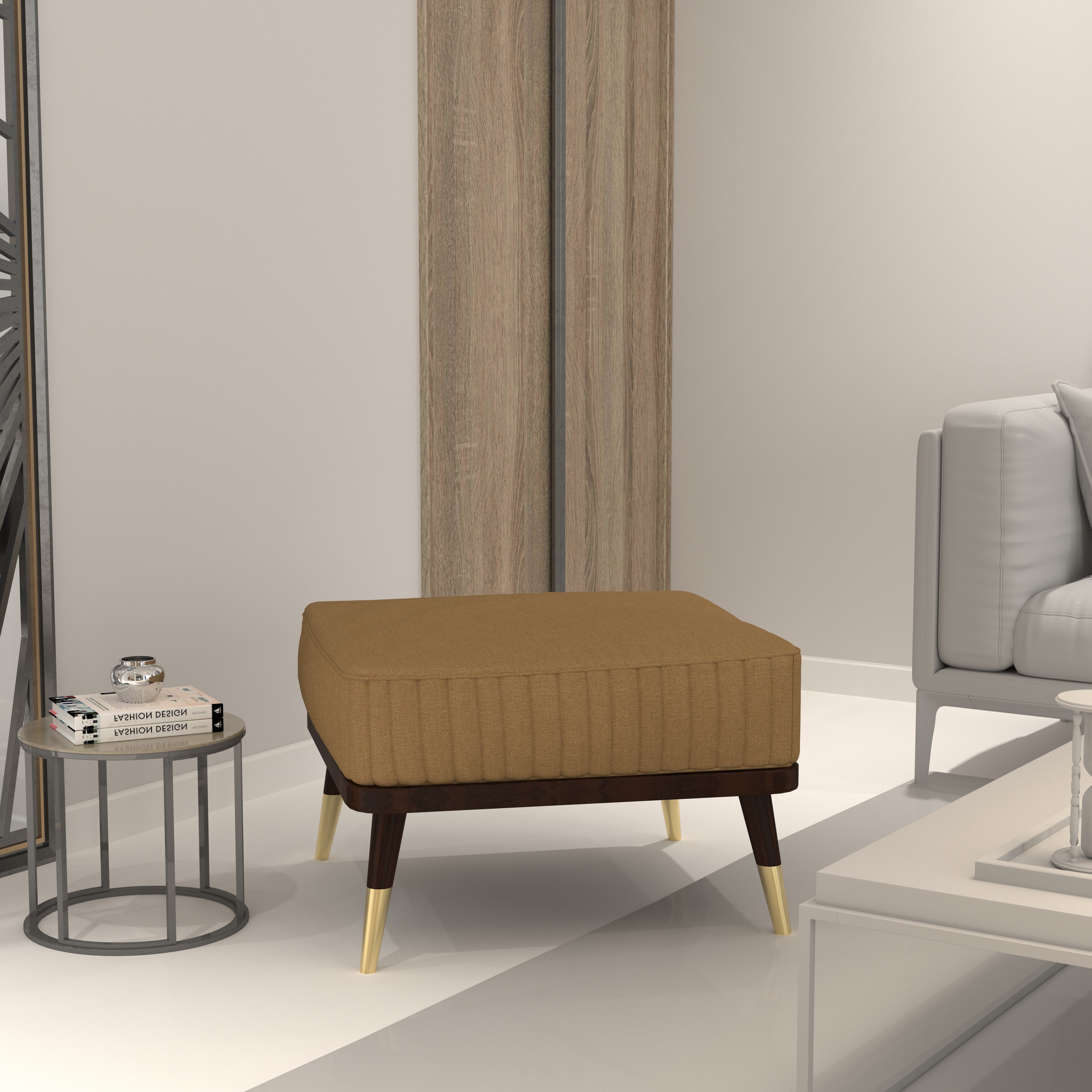 Mid-Century Modern Upholstered Ottoman | Wood Base Bench