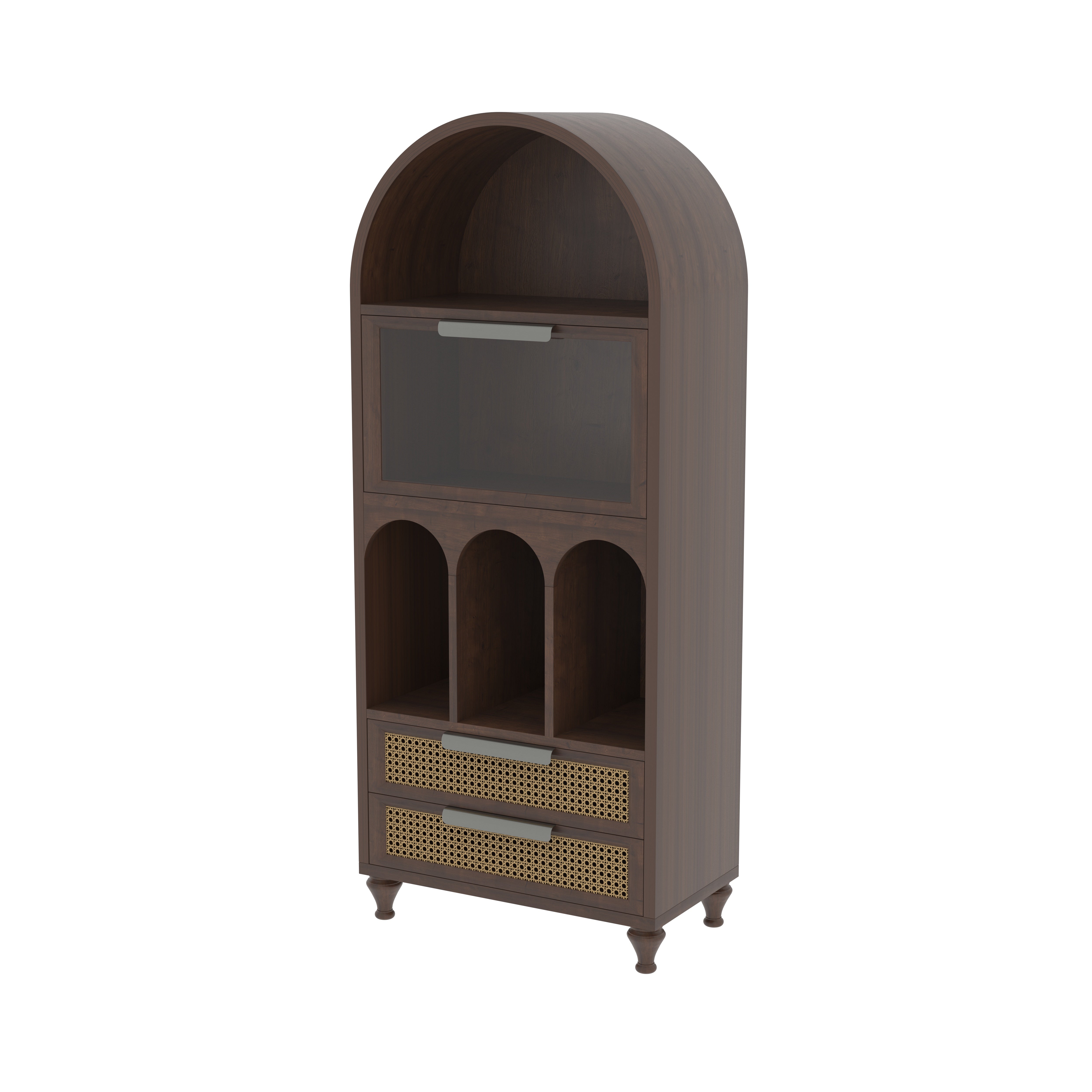 Montelaro Arco European Luxury Wardrobe with Sculpted Arch Display, Glass Cabinet, and Artisan Cane Drawers Wardrobe