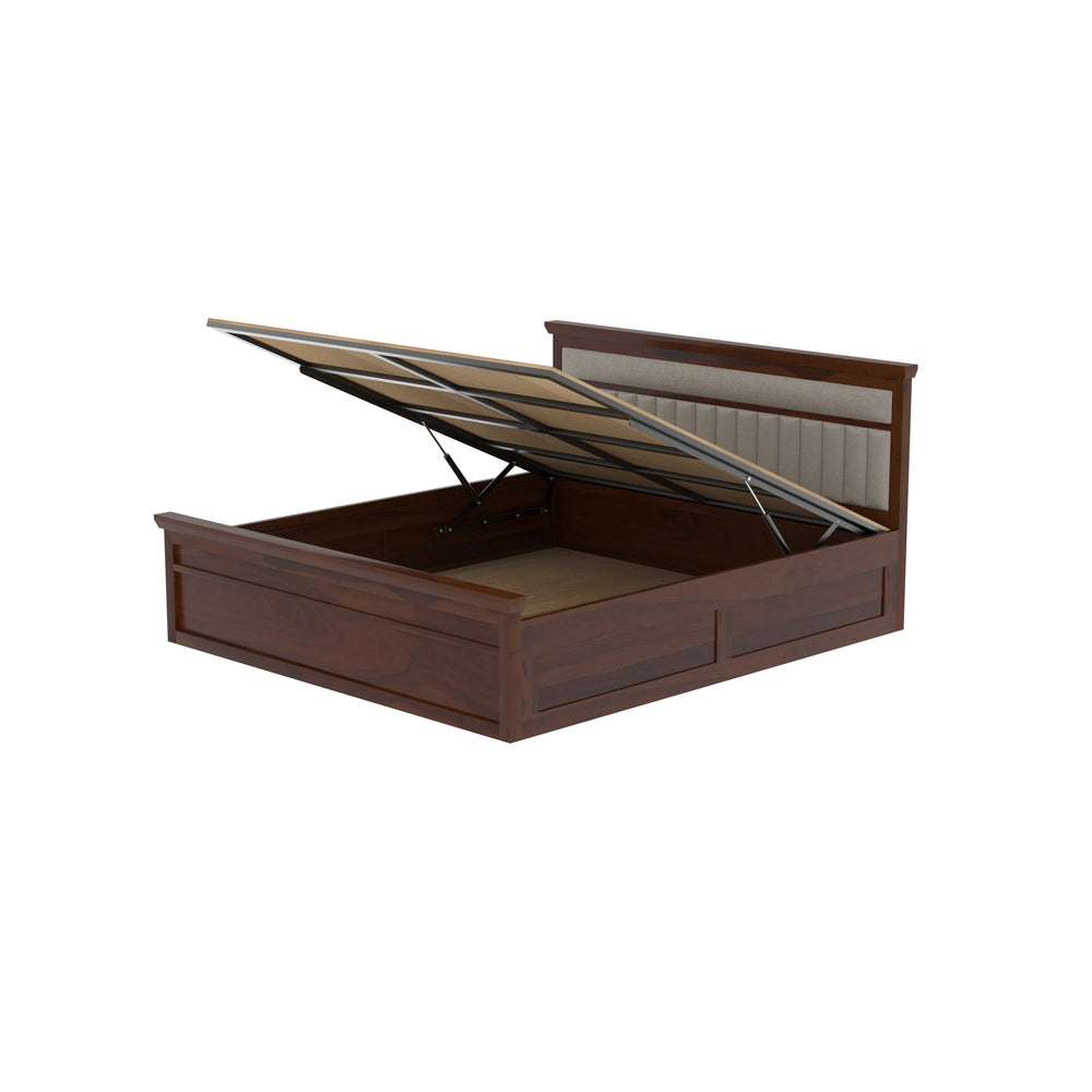 Handcrafted Wooden Hydraulic Bed with Cushion Headboard
