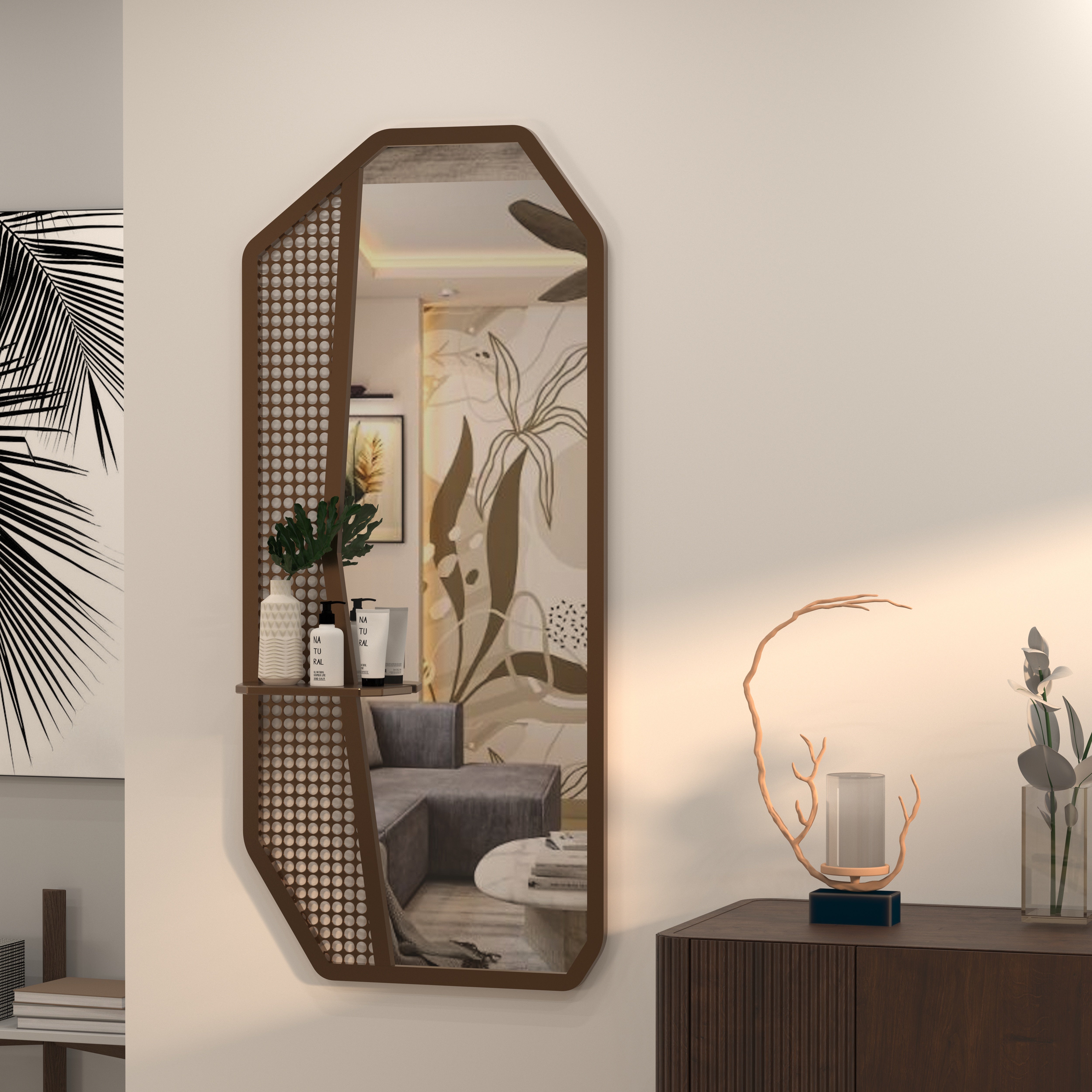 Elongated Octagonal Mirror with Decorative Side Panels Mirror