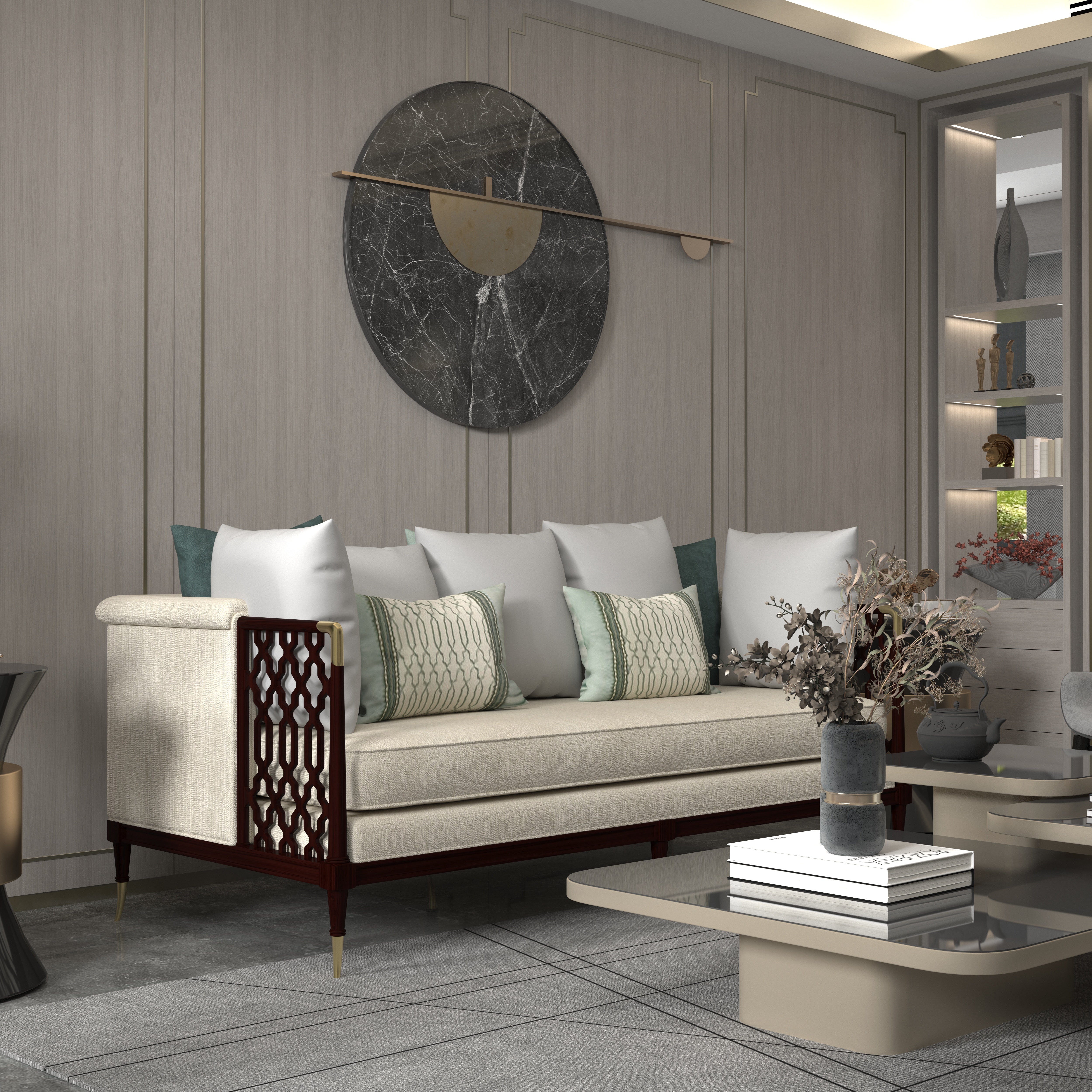 Contemporary Blue Sofa with Ornate Armrests and Multicolor Cushions Sofa