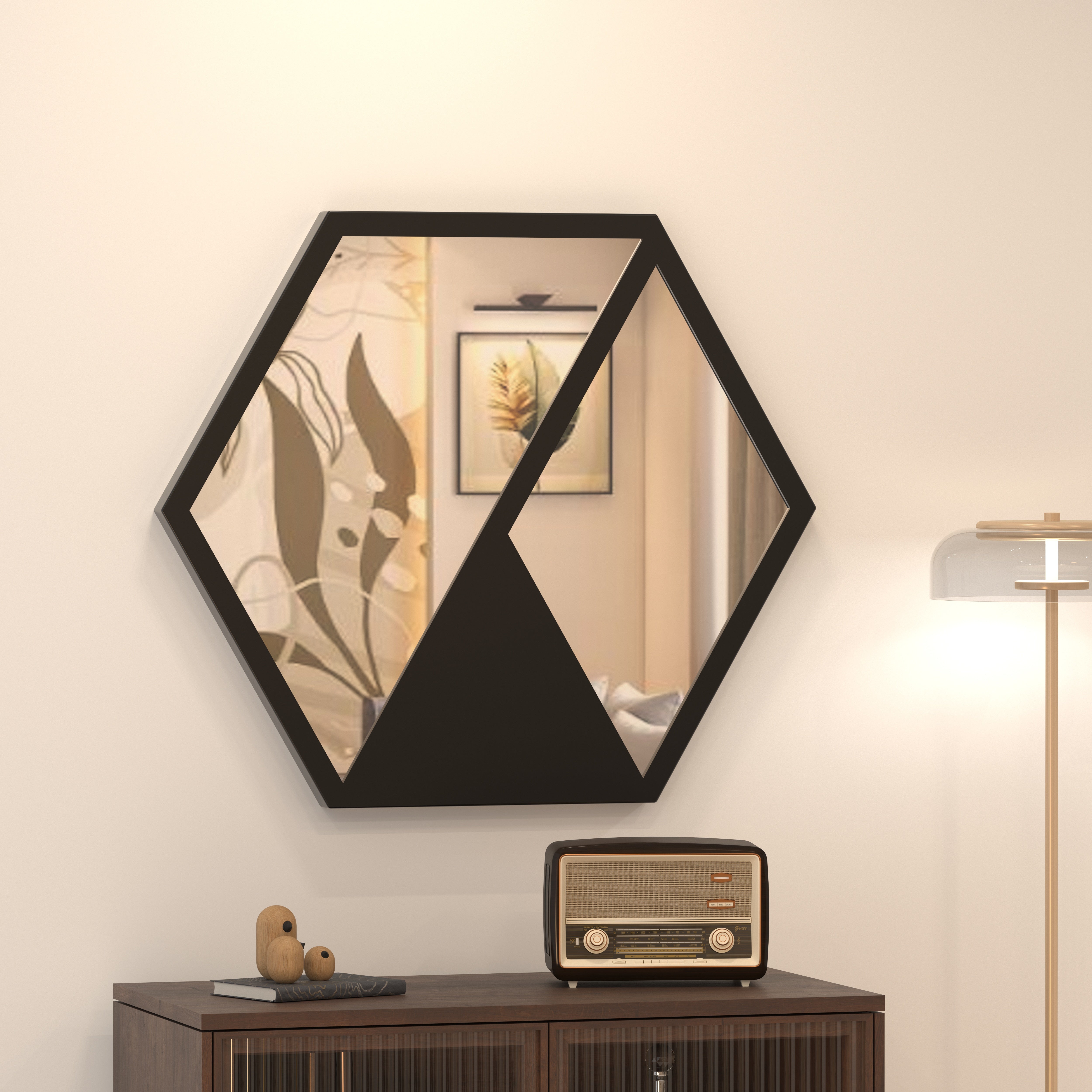 Hexagonal Black Metal Frame Mirror - Geometric Wall Mirror Mirror