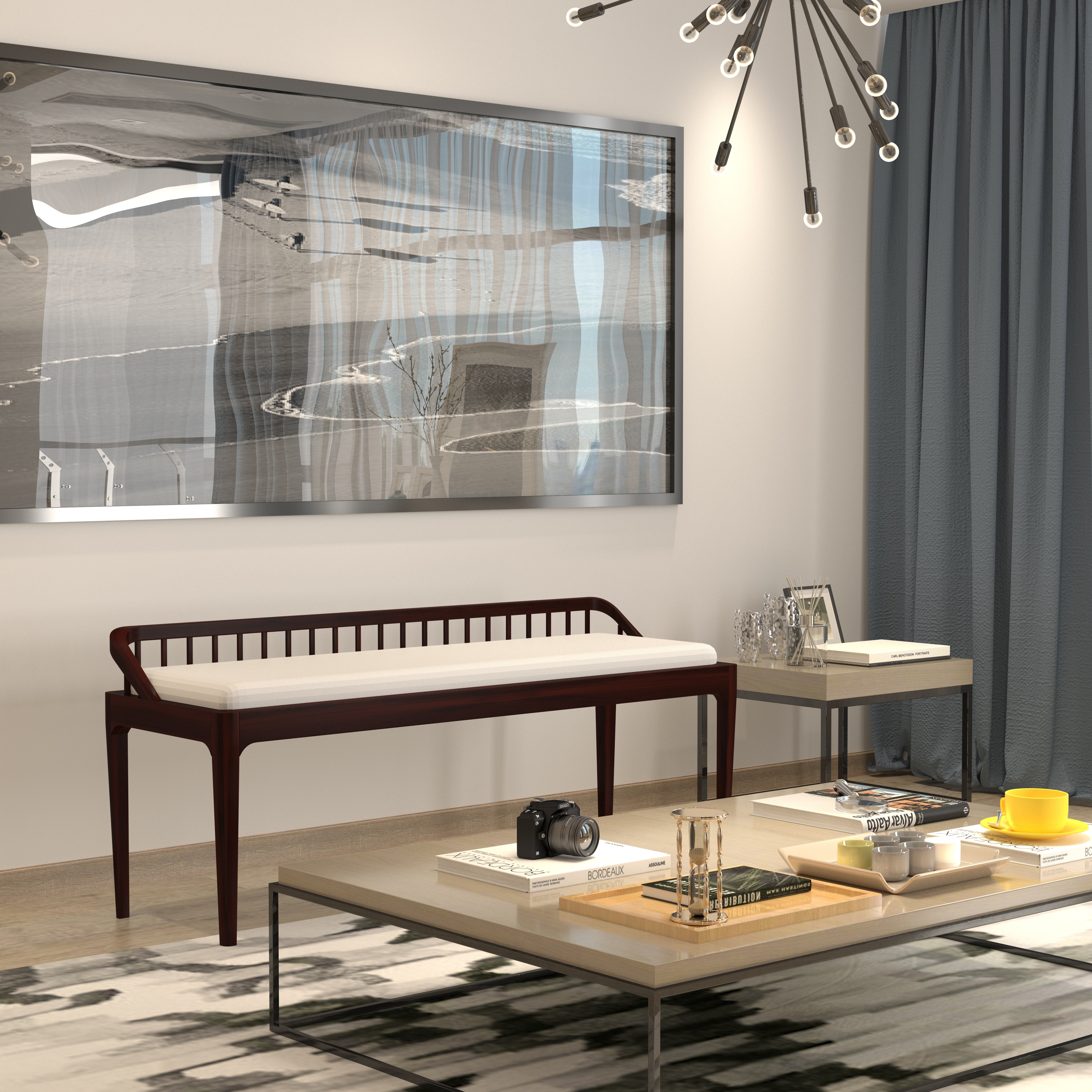 Minimalist Dark Wood Bench with Spindle Backrest Bench
