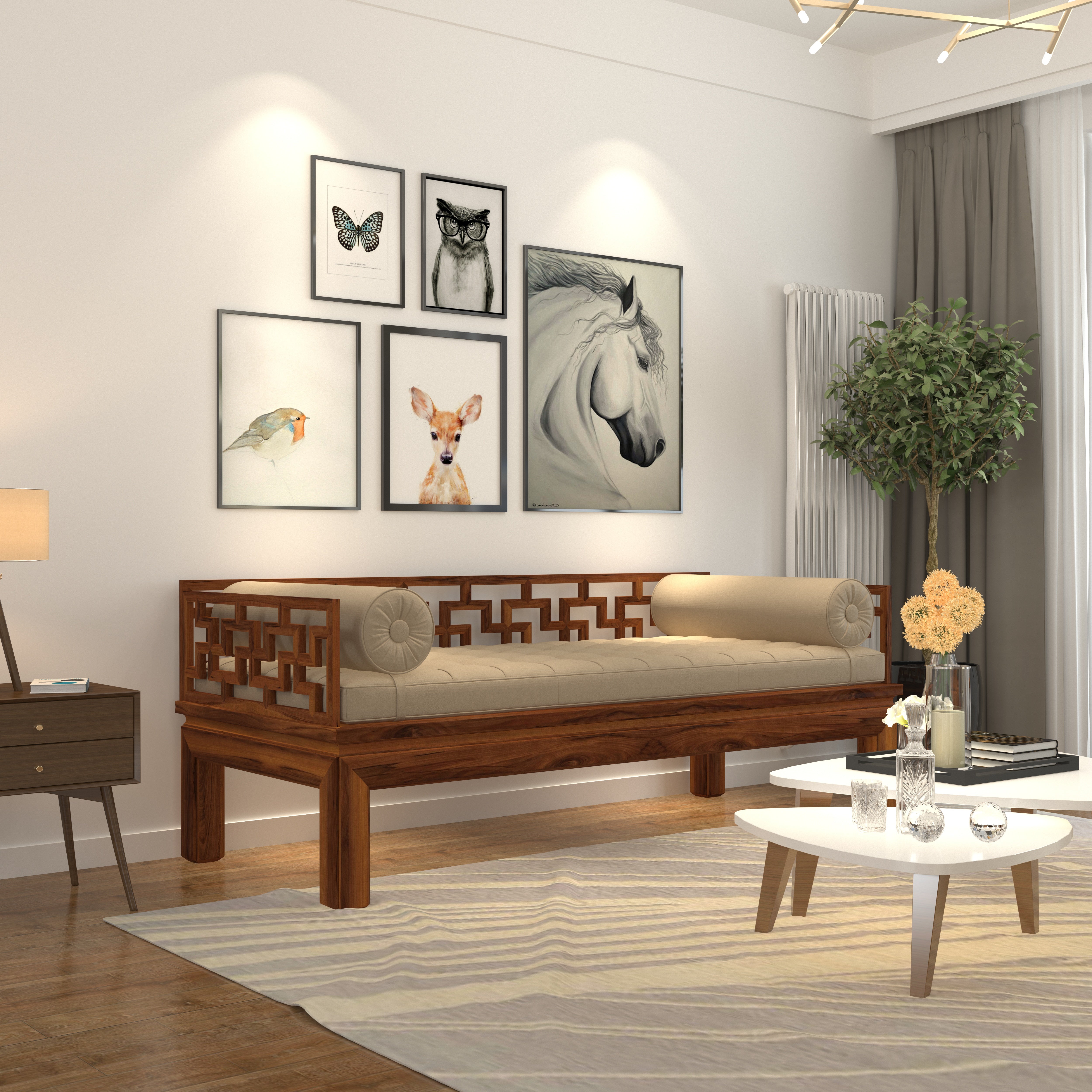 Classic Wooden Loveseat with Woven Cane Backrest and Cushioned Seat Bench