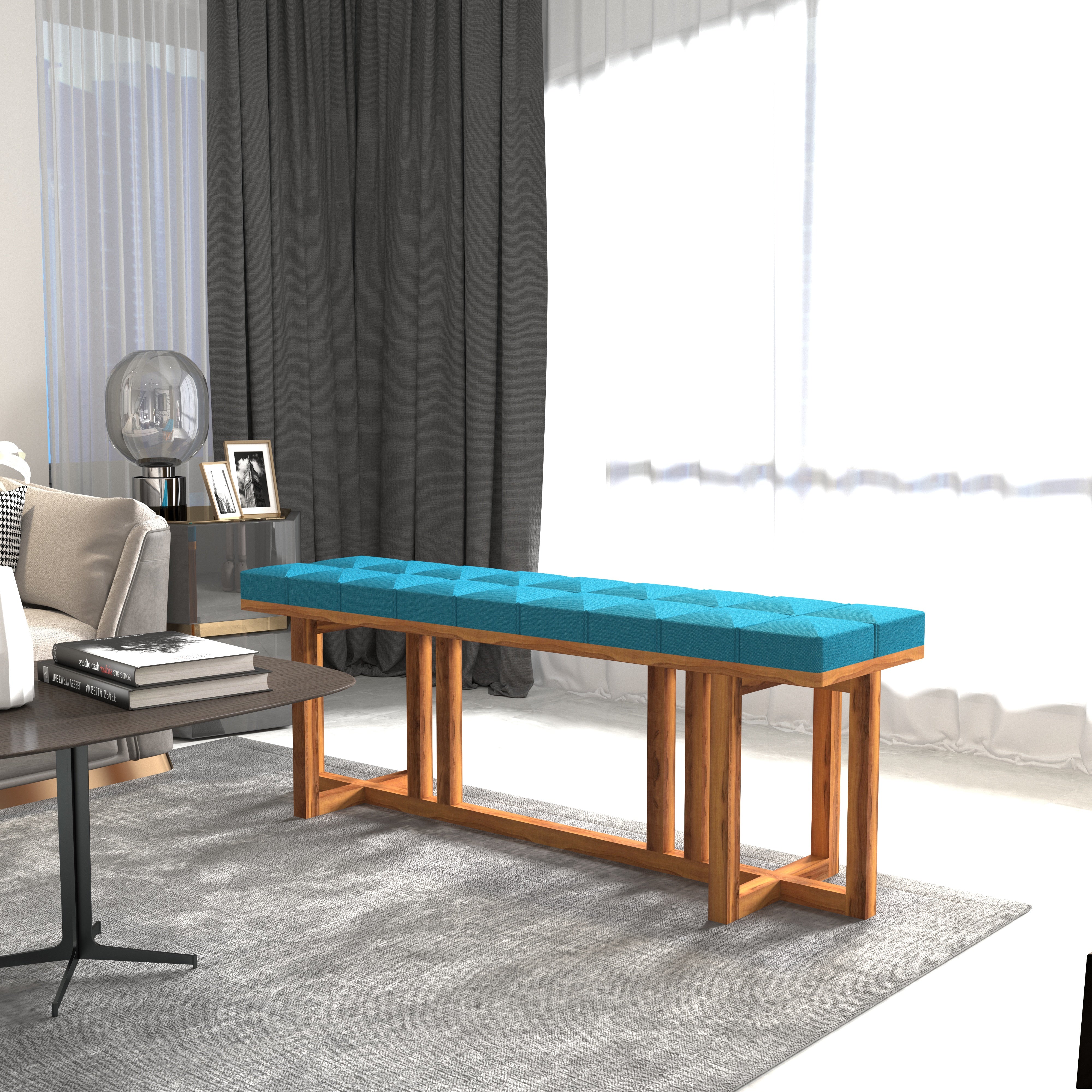 Modern Upholstered Wooden Bench | Teak Wood Dining & Entryway Seating Bench