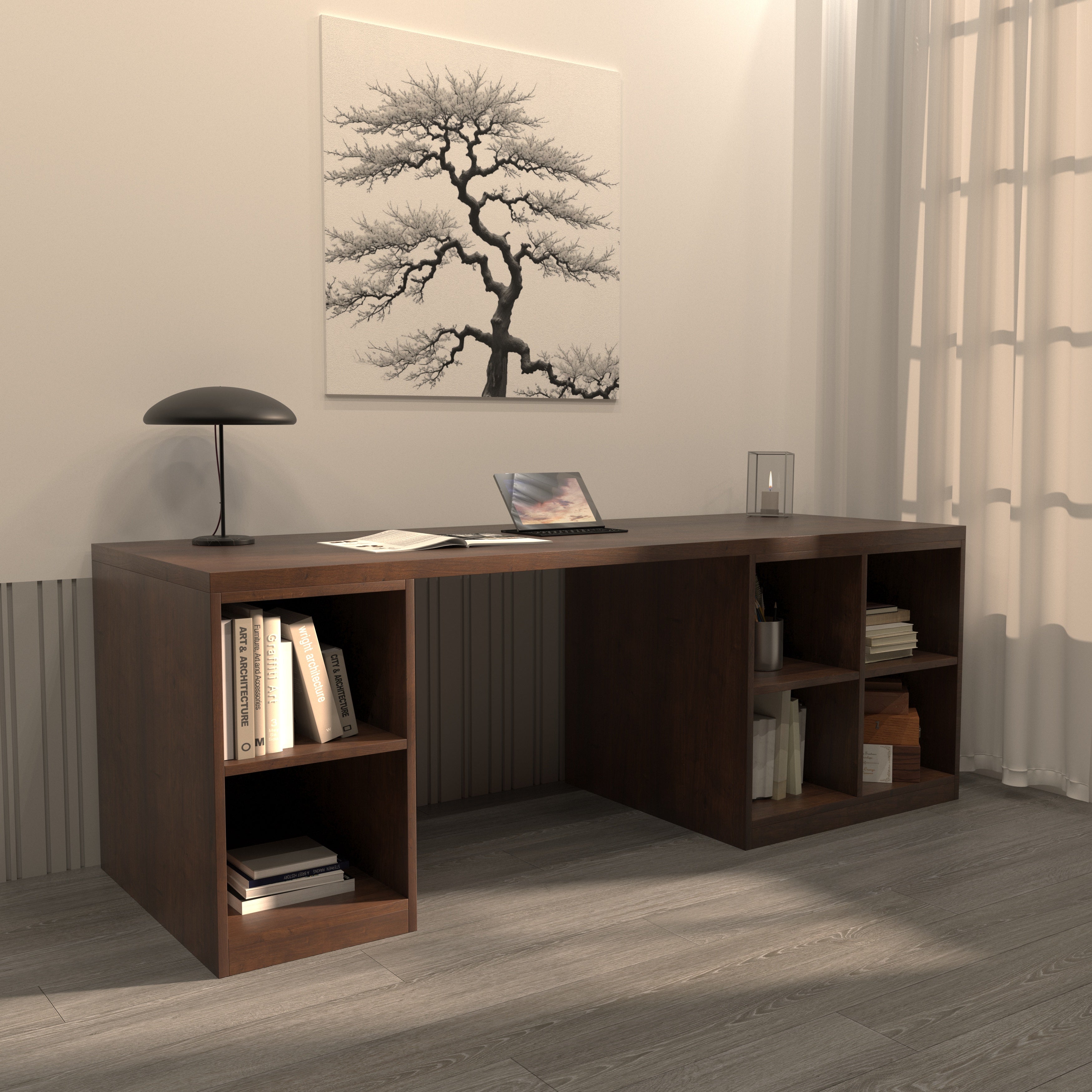 Contemporary Office Desk with Open Shelf Storage Study Table