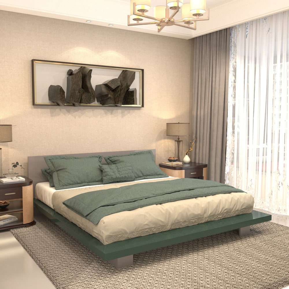 Minimalist Low-Height Platform Bed with Grey Headboard and Matte Finish