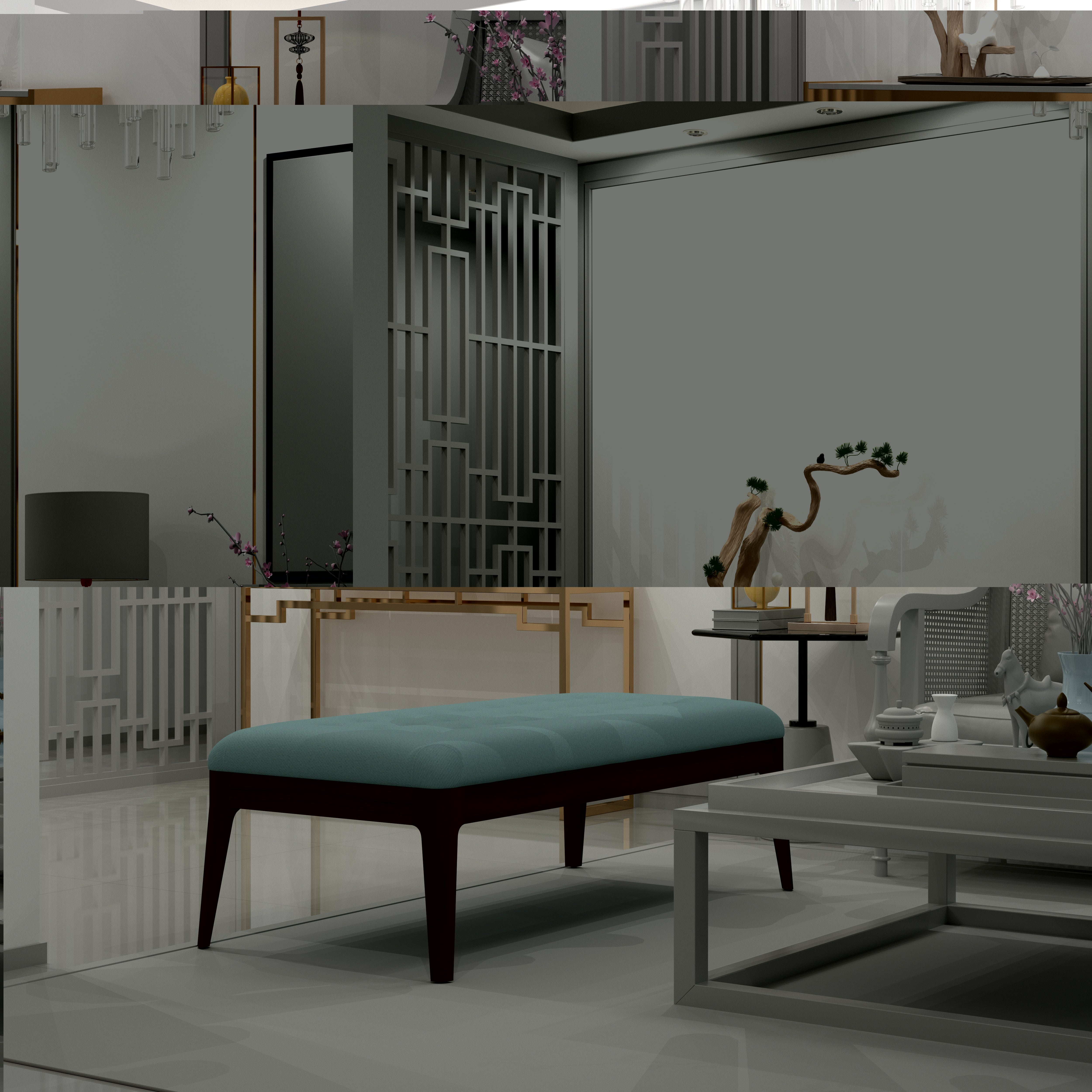 Contemporary Tufted Bench with Soft Blue Upholstery and Dark Wood Frame Bench