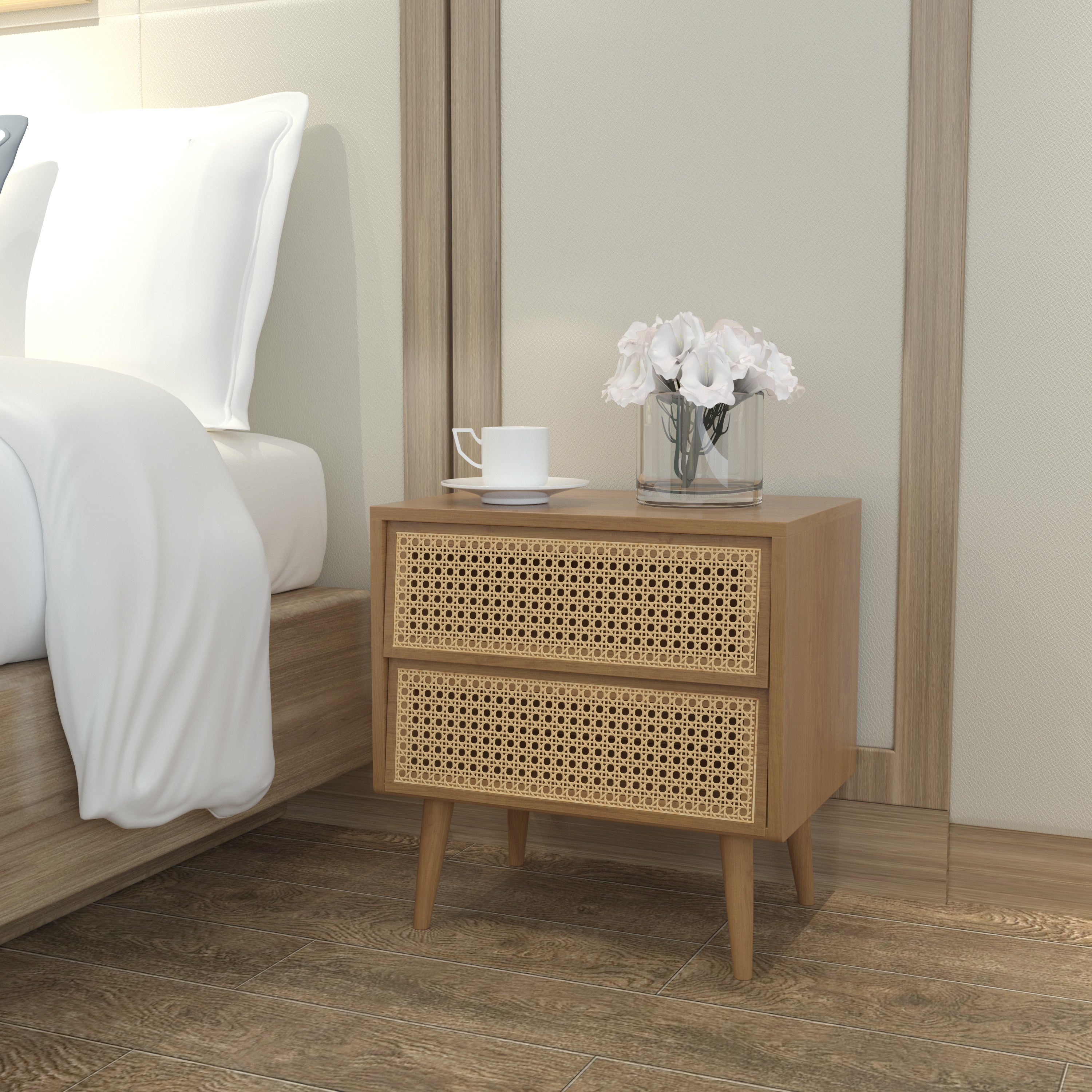 Engineered Wood Bedside Table with Cane Webbing Drawers Bedside