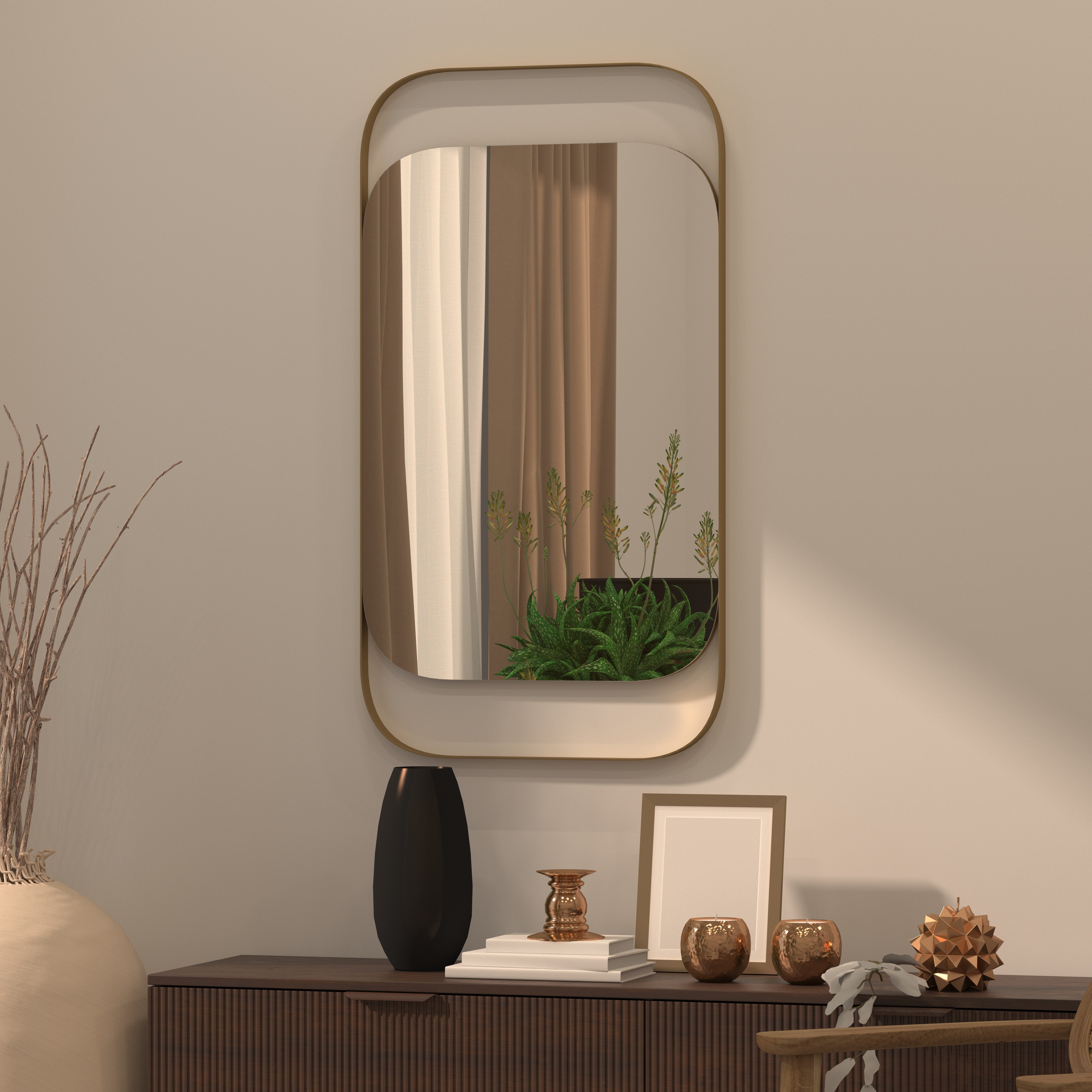 Rectangular Metal Frame Mirror with Rounded Corners - Gold Finish Mirror