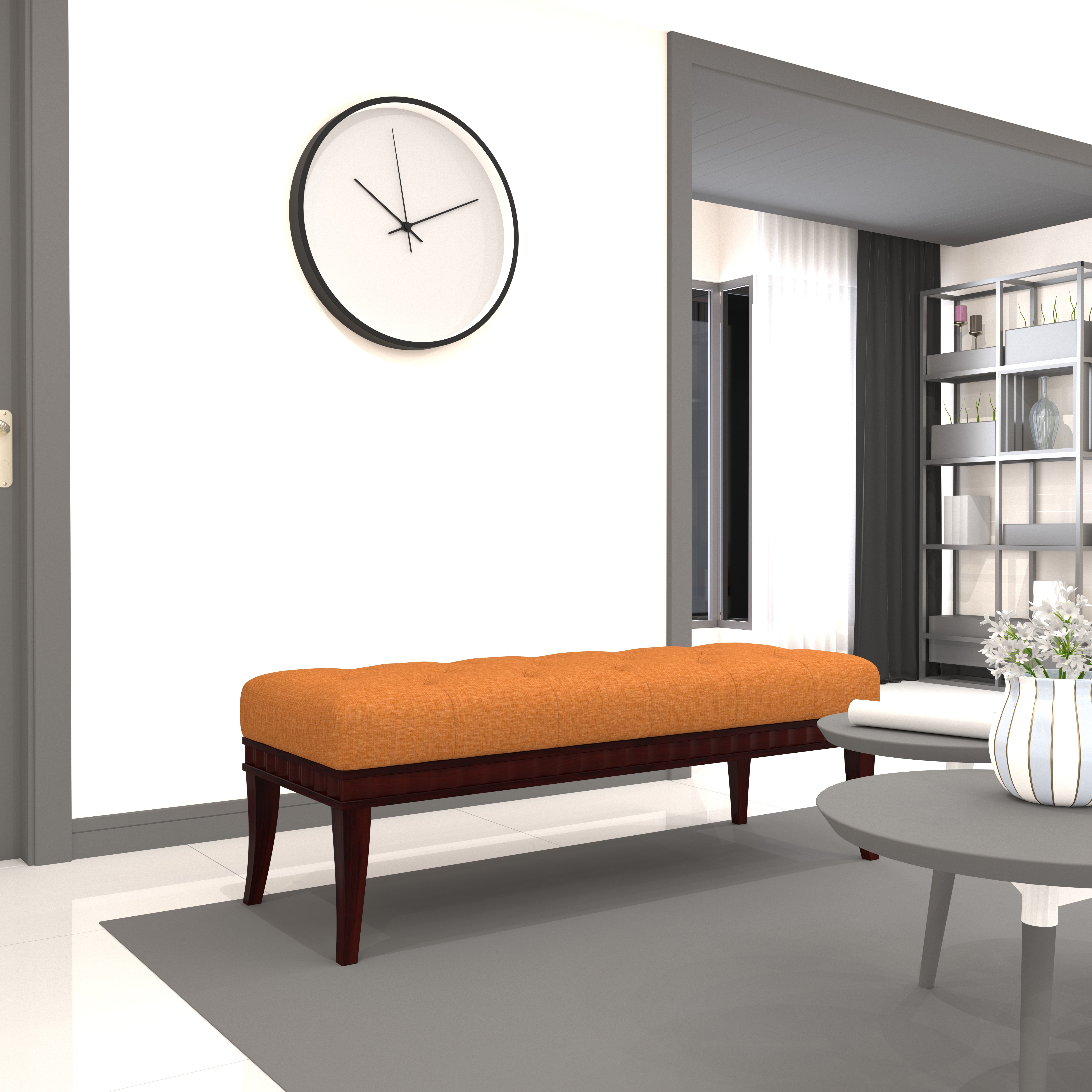 Elegant Tufted Bench with Burnt Orange Upholstery and Curved Dark Wood Legs Bench