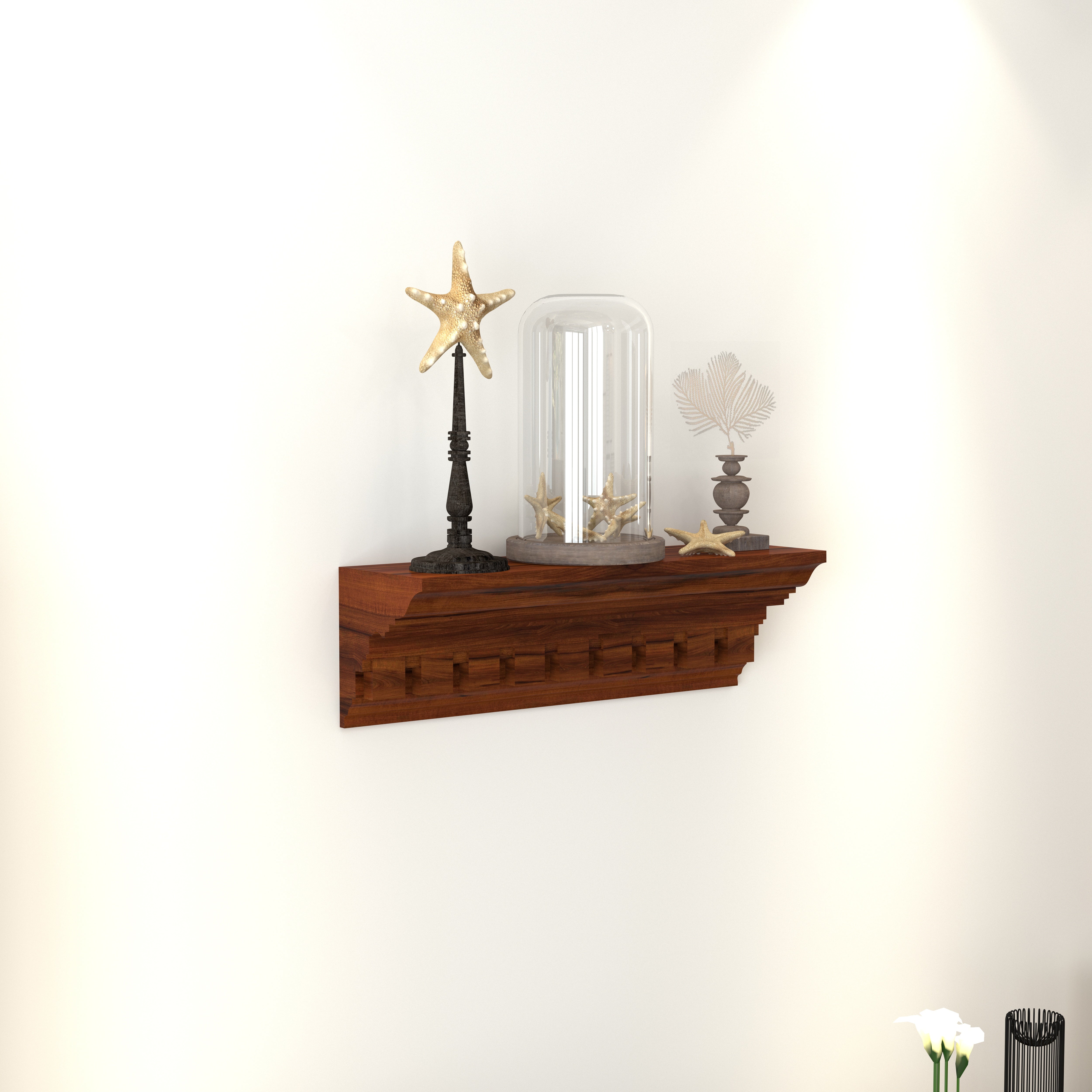 Elegant Teak Finish Wall Shelf with Dentil Crown Moulding Wall Rack