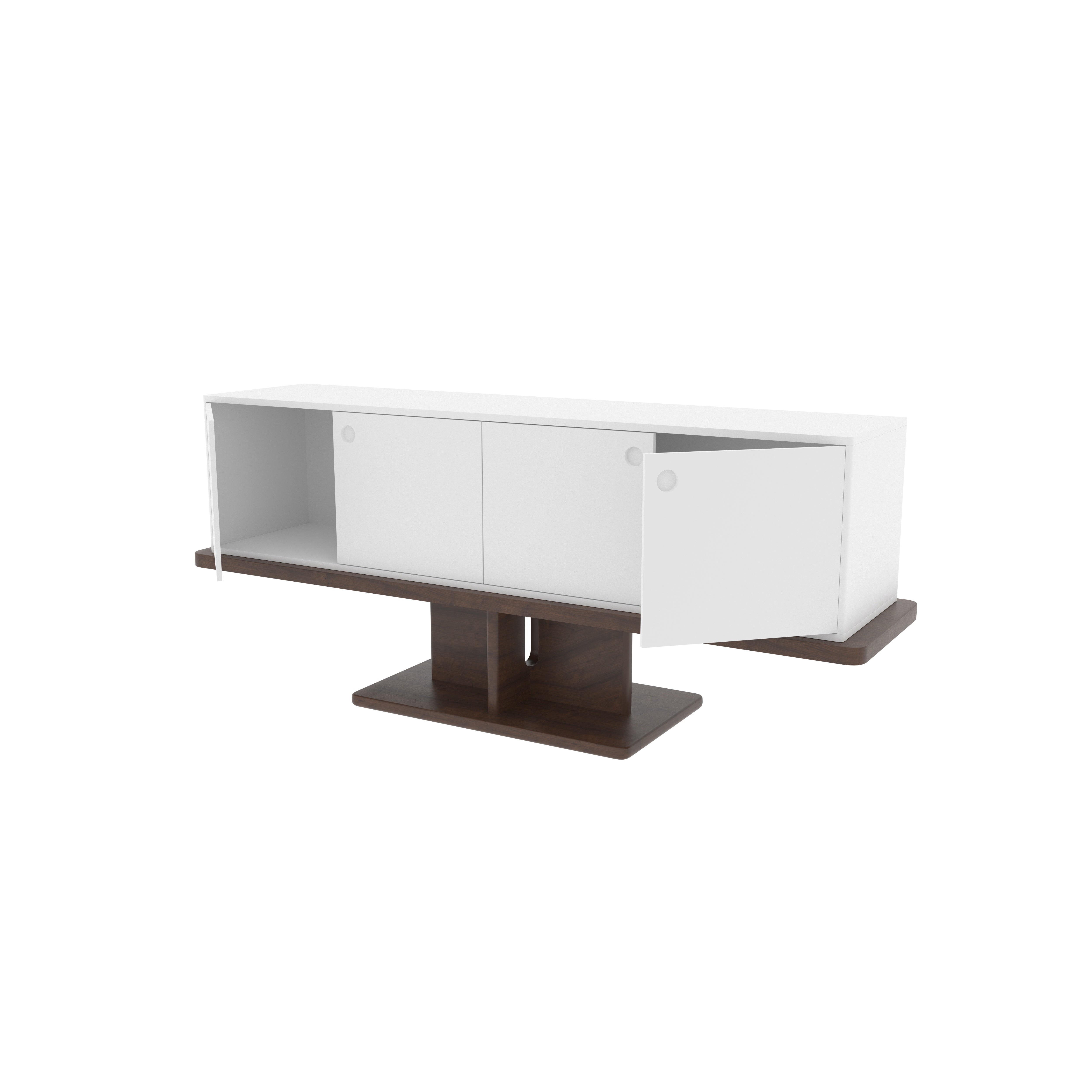 Floating White TV Stand with Walnut Pedestal - Modern Suspended Entertainment Console Tv stand