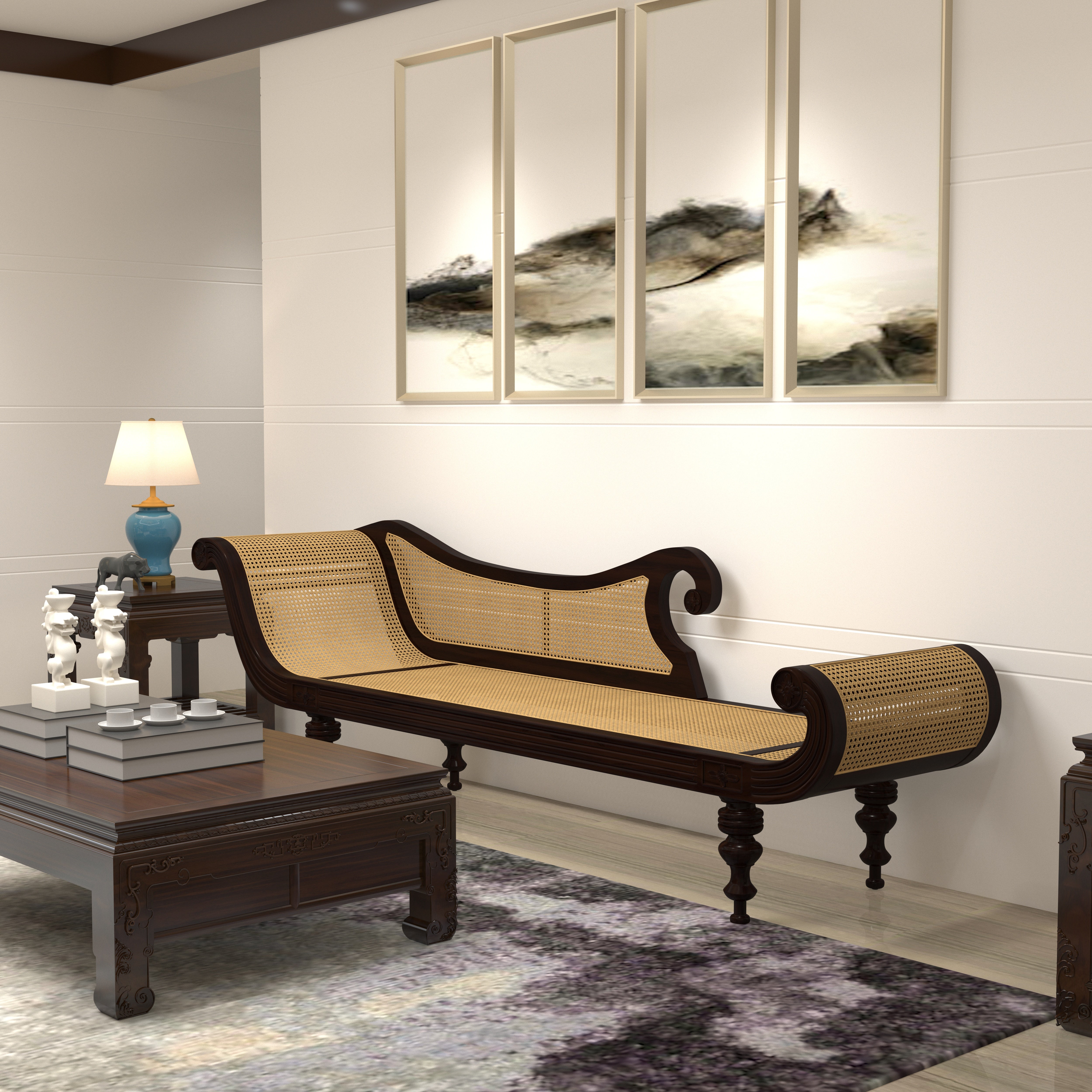 Vintage Colonial Wooden Daybed with Cane Weaving Handcrafted Teak Wood Divan Sofa