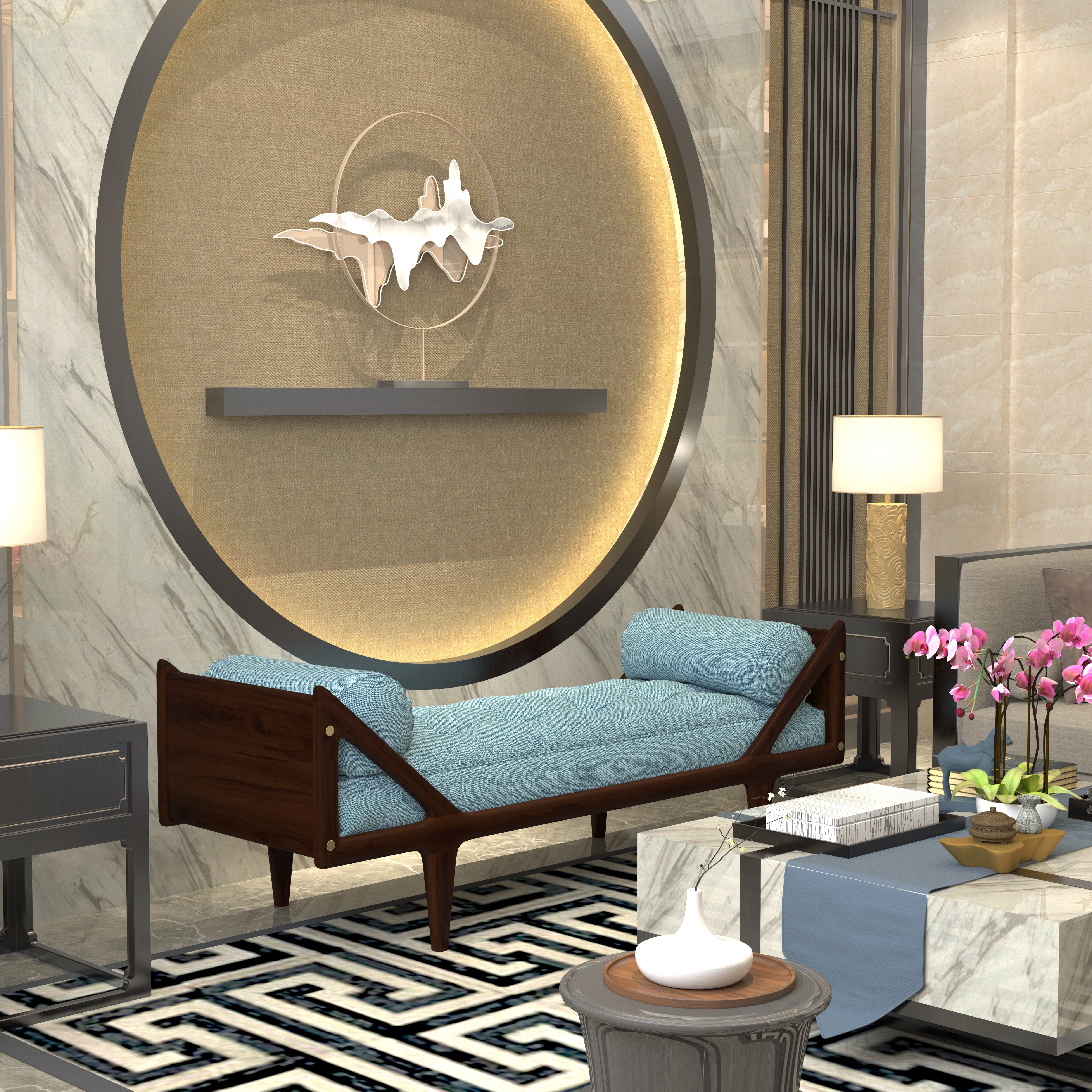 Mid-Century Modern Tufted Bench with Bolsters Wood Frame Blue