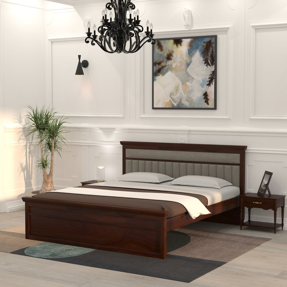 Handcrafted Wooden Bed with Cushion Headboard