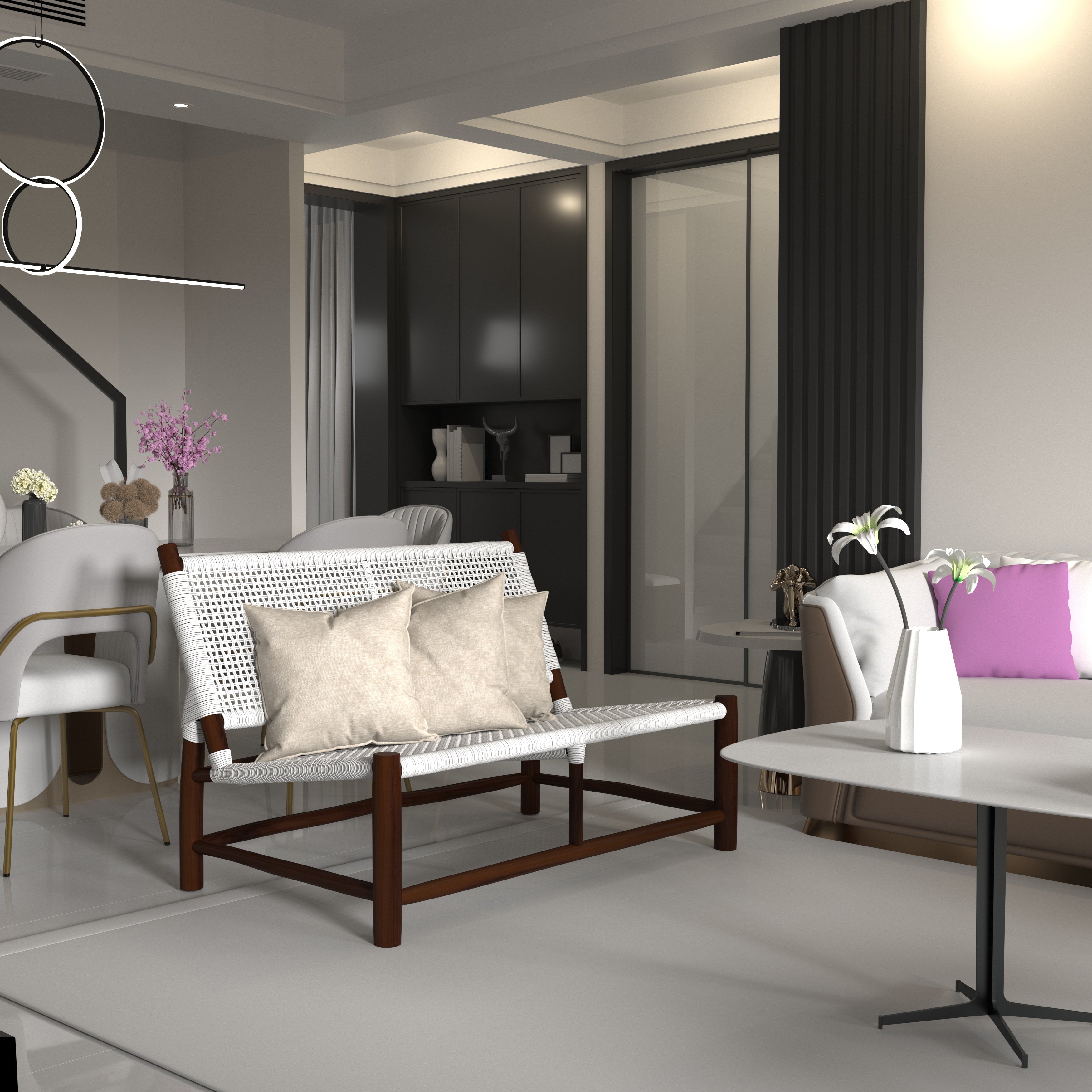 Contemporary Woven Rope Wooden Bench | Minimalist 2-Seater Lounge Chair Bench
