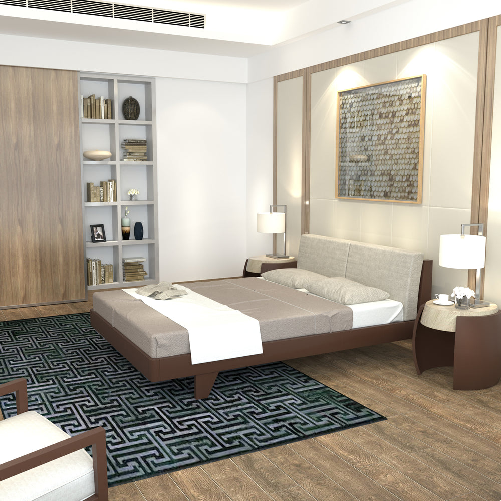 Mid-Century Modern Bed with Angled Headboard & Fabric Upholstery