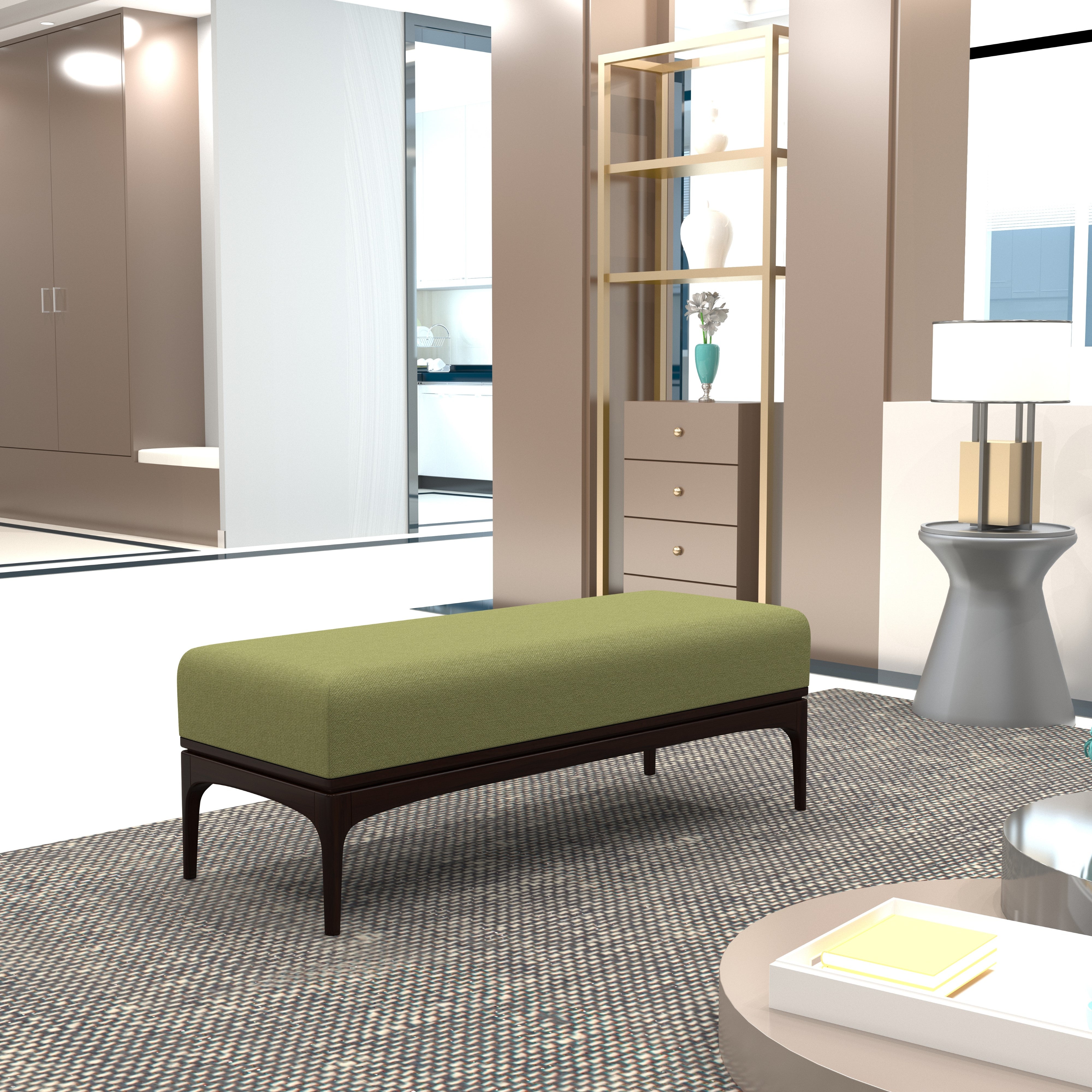 Modern Olive Green Upholstered Bench with Sleek Dark Wood Frame Bench