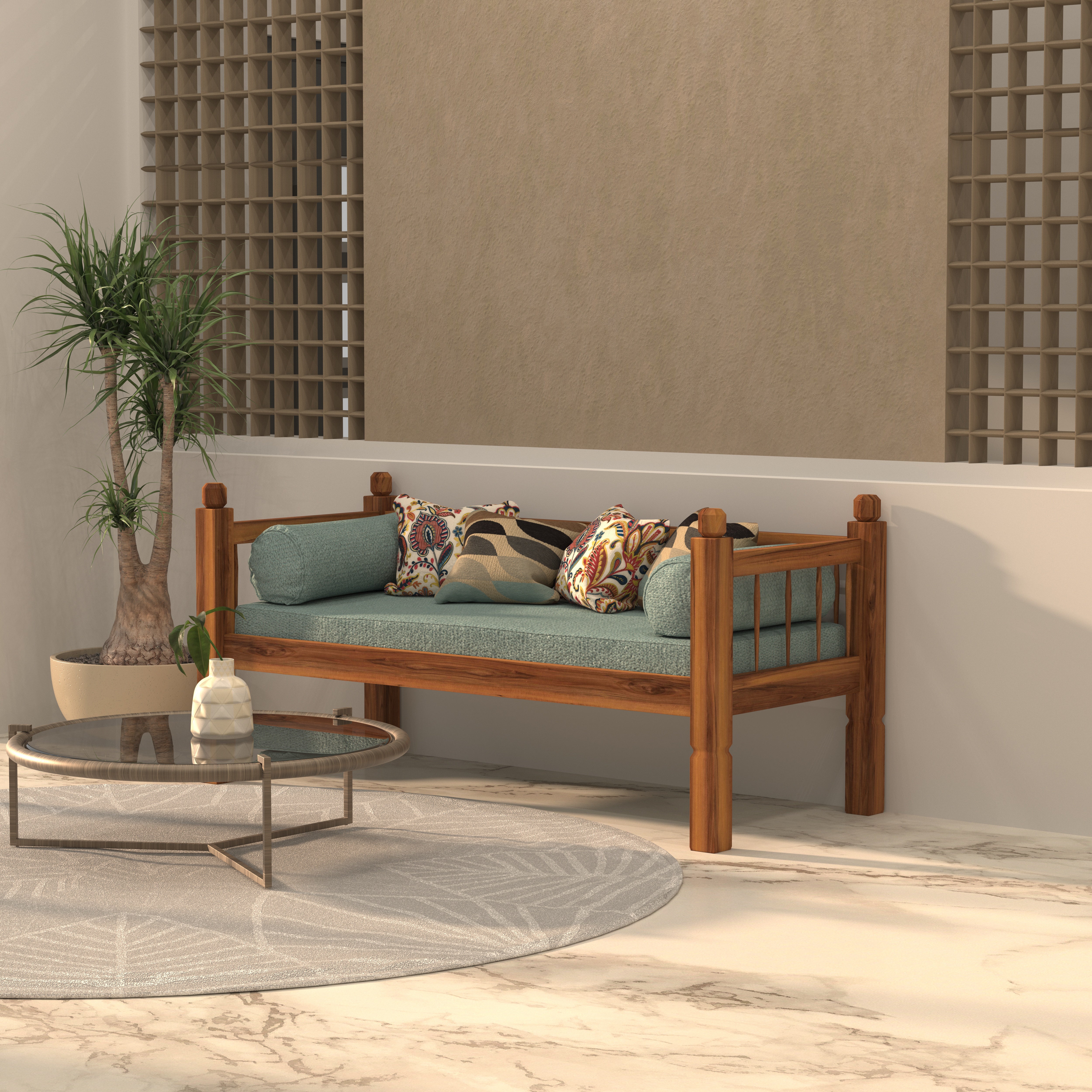 Rustic Teak Wood Daybed with Cushions – Sturdy Frame & Teal Upholstery Bench